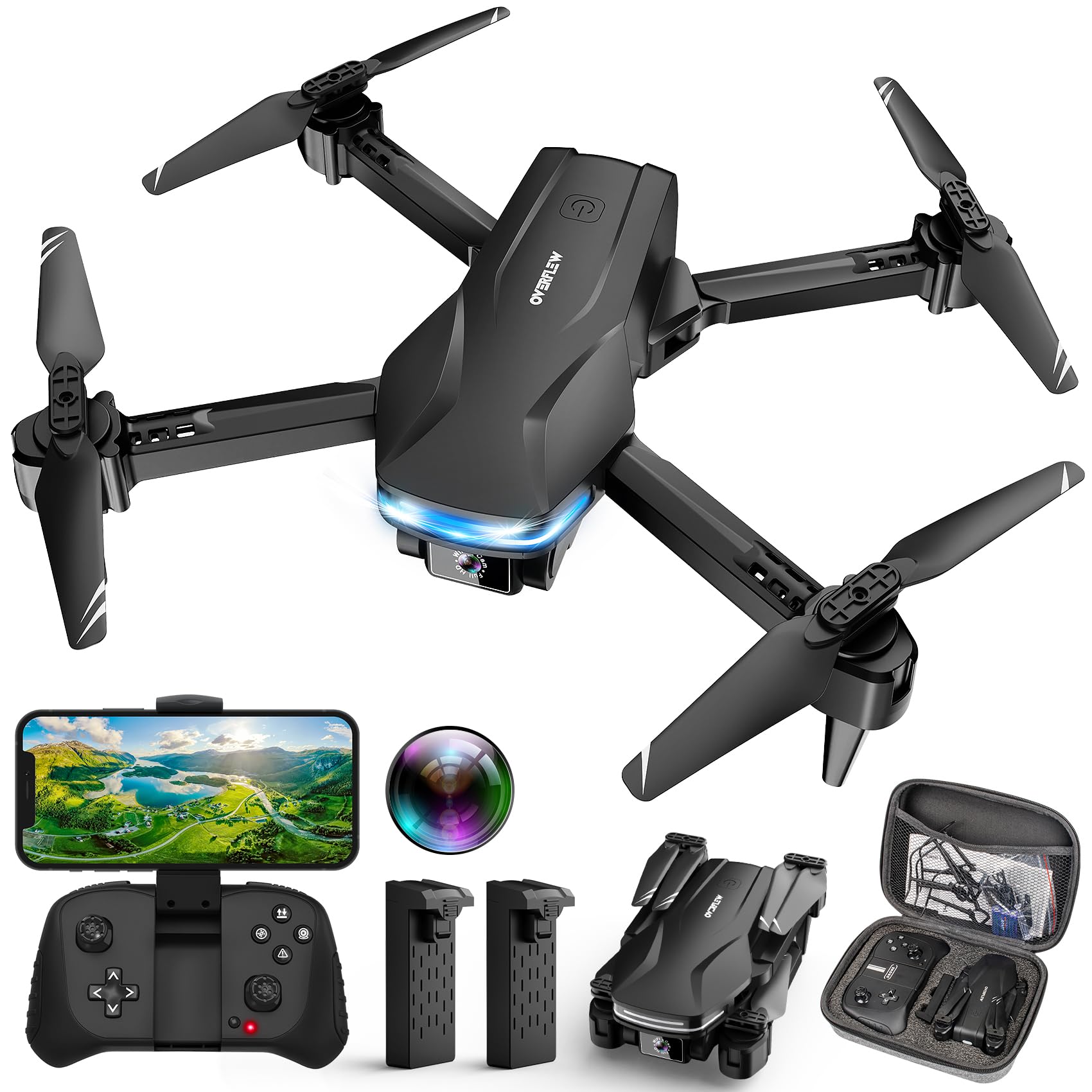 طائرة درون بكاميرا 1080P HD FPV قابلة للطي للمبتدئين والأطفال، طائرة كوادكوبتر بتحكم صوتي وإيماءات مع حقيبة حمل، إقلاع/هبوط بلمسة واحدة، تحديد المواقع بالتدفق البصري، قلب 360 درجة، طيران على المسار المحدد