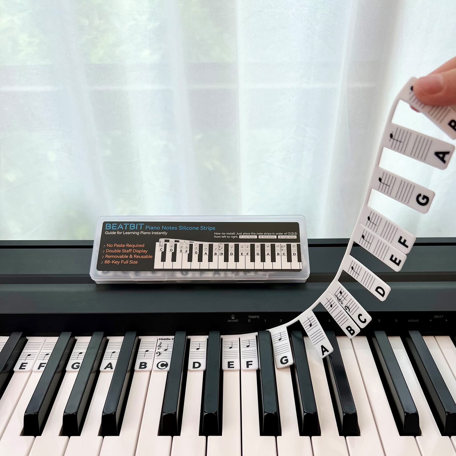 BEATBIT Piano Notes Guide for Beginner, Removable Piano Keyboard Note Labels for Learning, 88-Key Full Size, Made of Silicone, No Need Stickers, Reusable and Comes with Box (Classic Black)