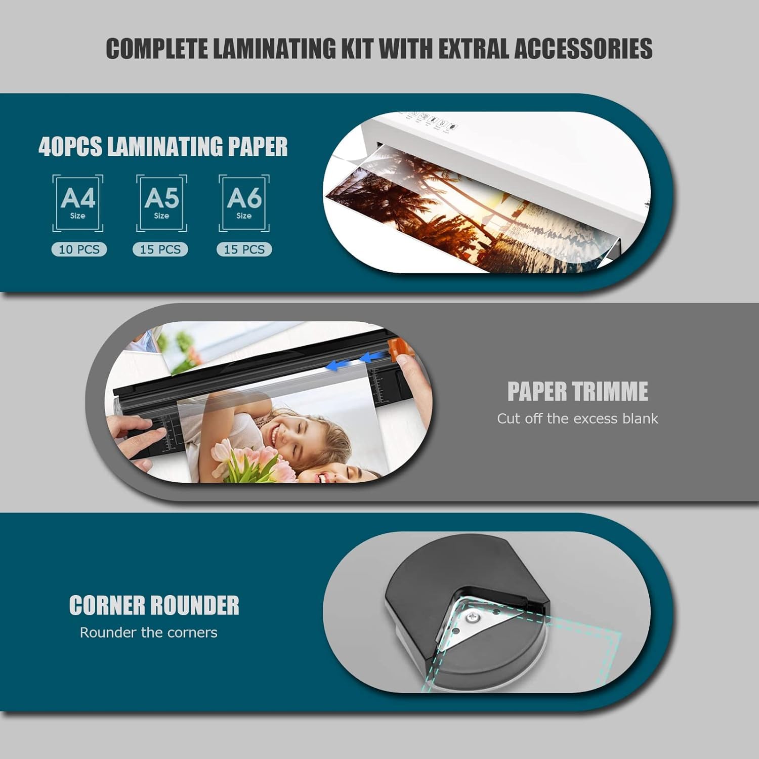 Buyounger Laminator Machine with 40 Laminating Sheets, A4 Laminator Thermal and Cold with Paper Trimmer & Corner Rounder, 9-Inch Laminating Machine for Home School Office