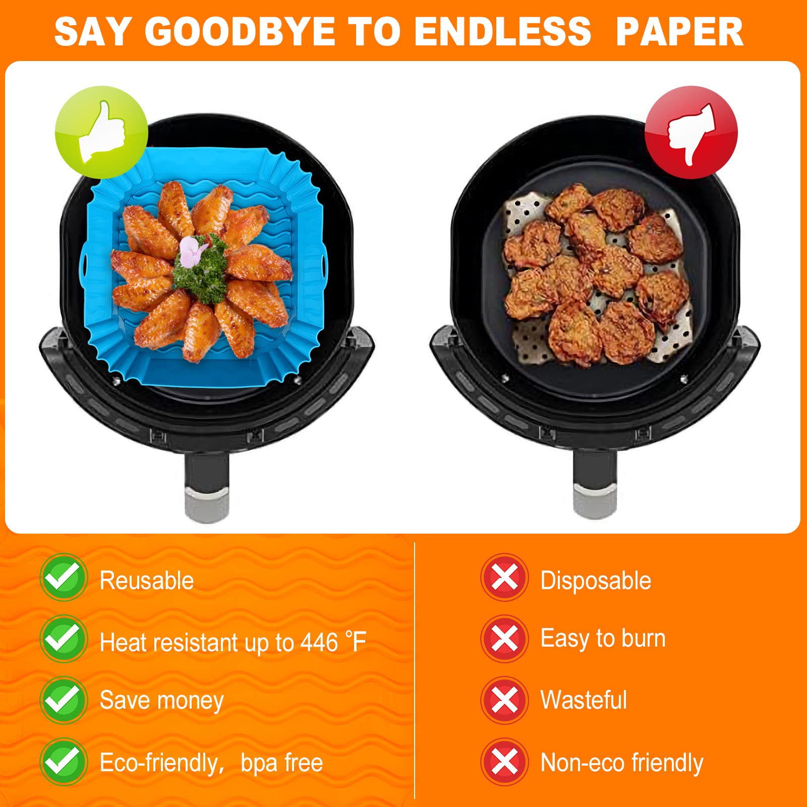 Boribim 2 PCS Square Silicone Air Fryer Liners - 8 Inch Reusable Air Fryer Pot - Air Fryer Accessories - Air Fryer Inserts for 4 to 7 QT Oven Microwave Accessories (Red + Blue)