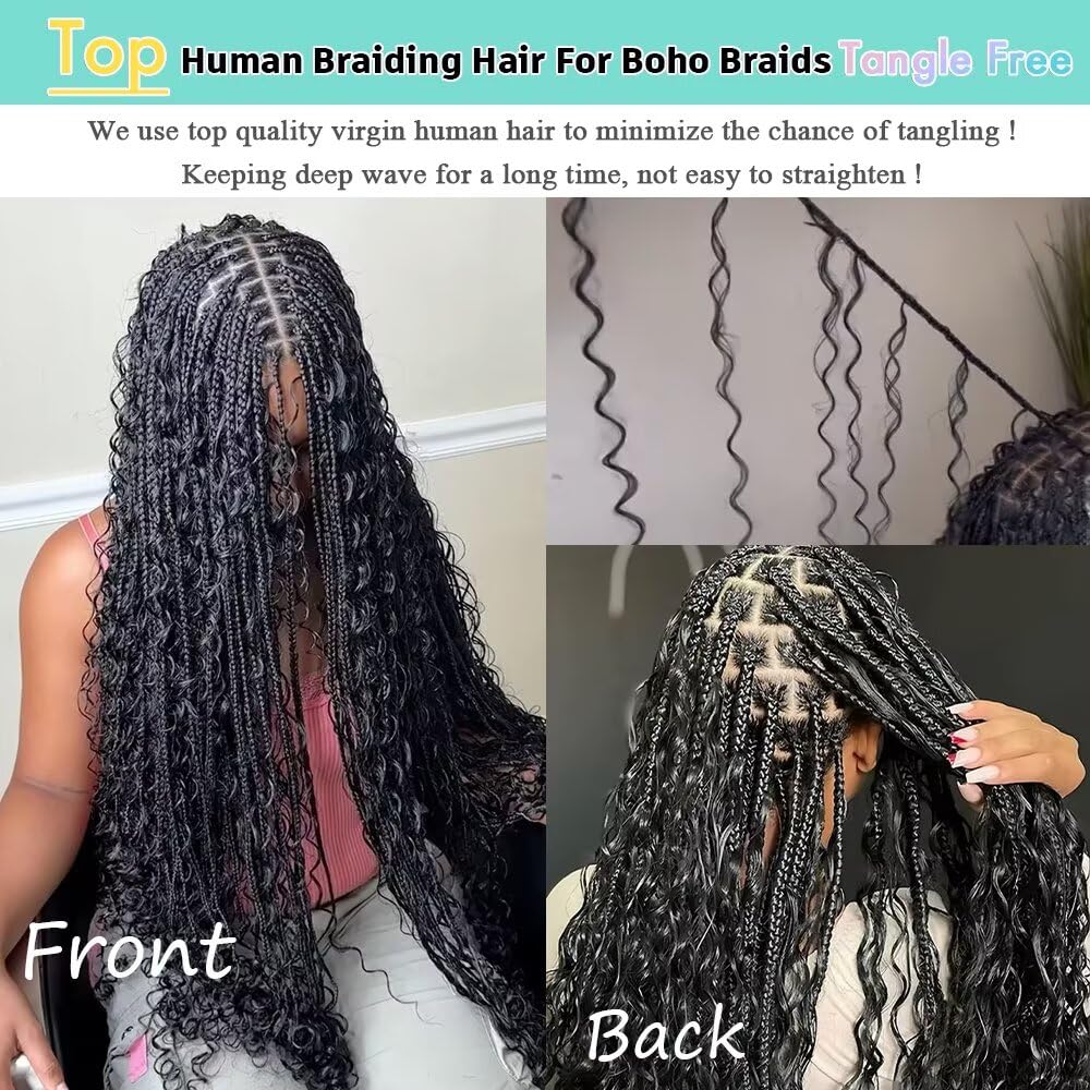 Human Braiding Hair for Boho Braids Deep Wave Bundles Human Hair 150g 6 Bundles/Pack 14 Inch Bulk Boho Hair for Braiding 12A Brazilian Curly Boho Braids Human Hair Braiding Hair Natural Color