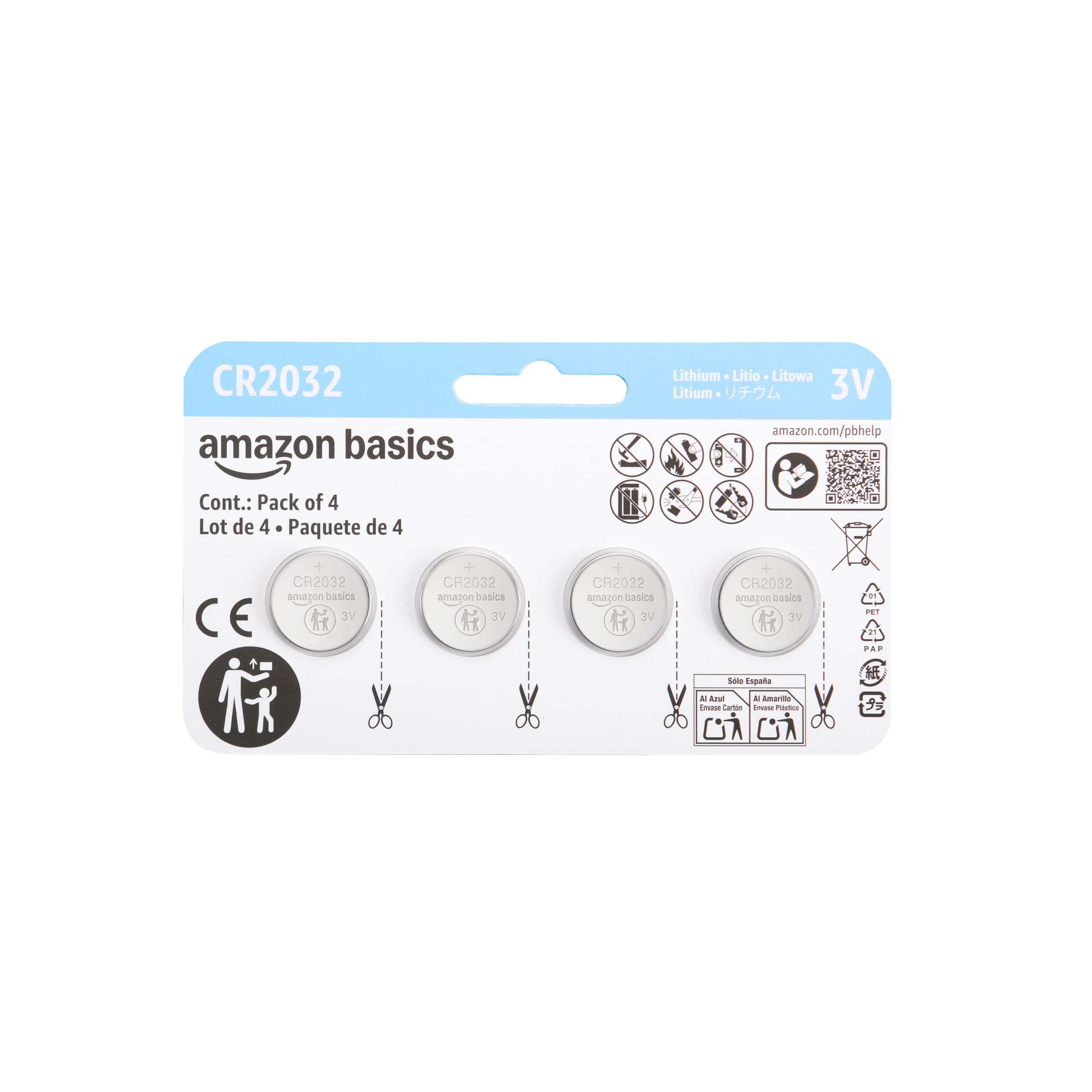 Basics CR2032 Lithium Batteries, 4-Pack, Child-Proof Package, Non-Coated - AirTag Compatible