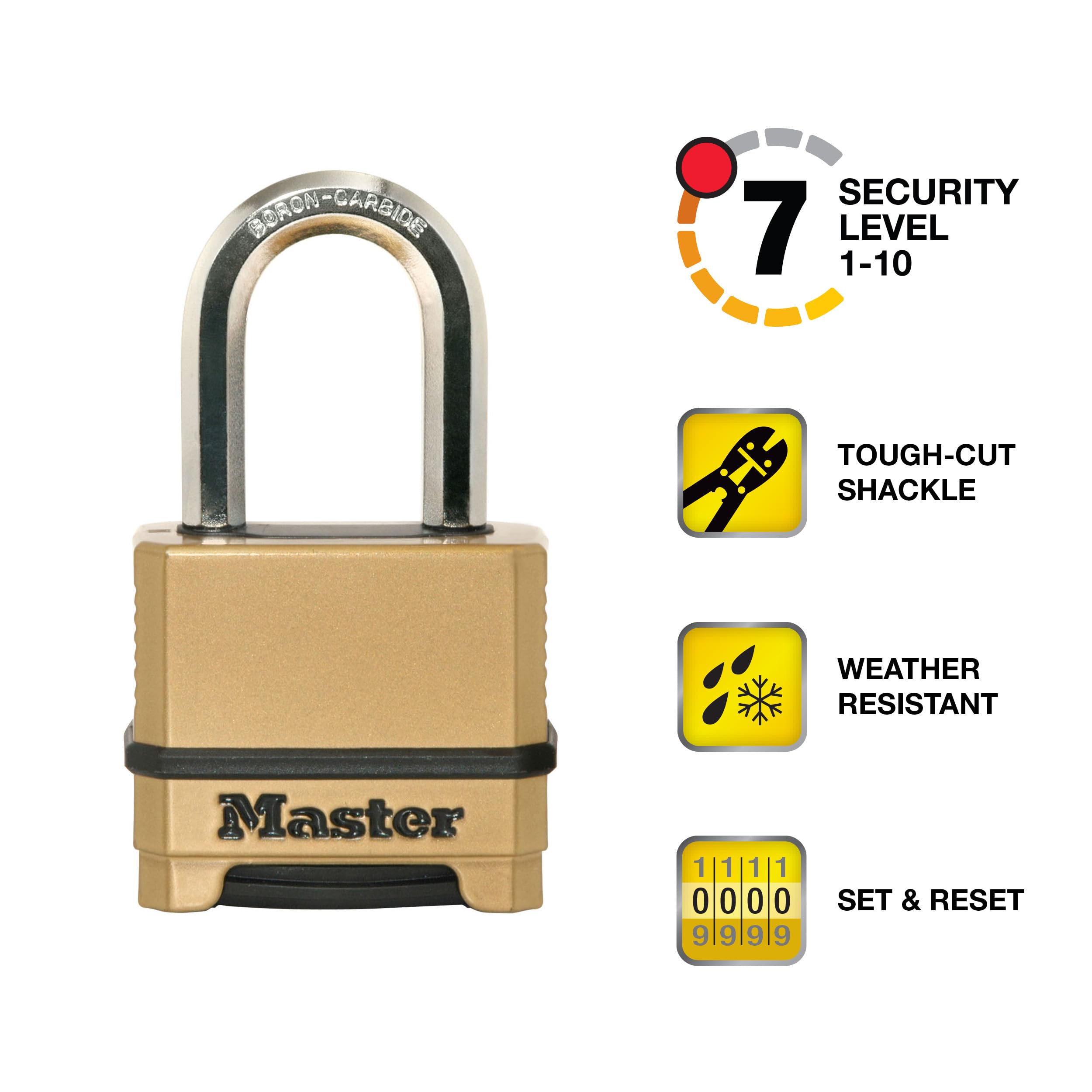 Master Lock Gold Outdoor Combination Lock, Heavy Duty Weather Resistant Padlock, Resettable Combination Lock for Outdoor Use 1.2 x 2 x 3.87 inches, 2 Pack, M175LFEC2