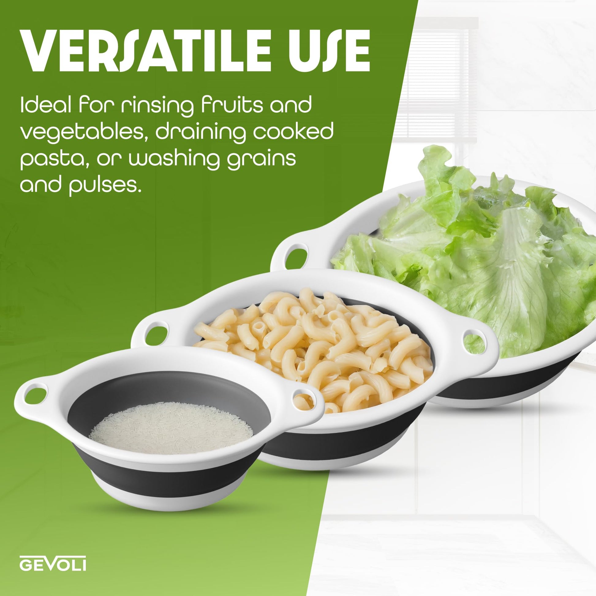 Gevoli Collapsible Colanders (3 Pack Set) Food Strainers with Over-Sink Water Draining Base for Pasta Fruits and Vegetables, White (3 Sizes, 3QT, 4QT and 5 Quart)