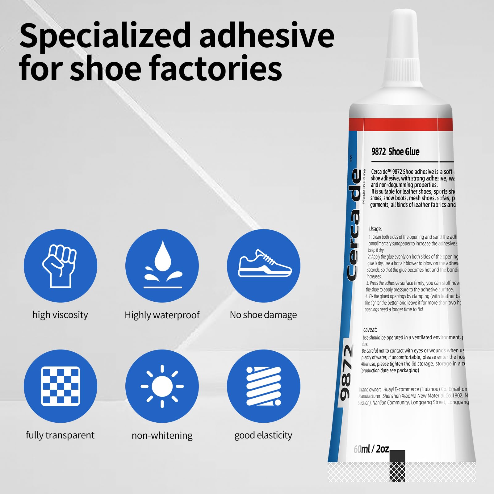 Cerca de Shoe Glue Heavy Duty，Shoe Sole Repair Adhesive，Clear, Waterproof, high Strength, Strong Shoe Glue for Sneakers, Leather Shoes, Hiking Shoes, Boots, Sandals, 60ml.