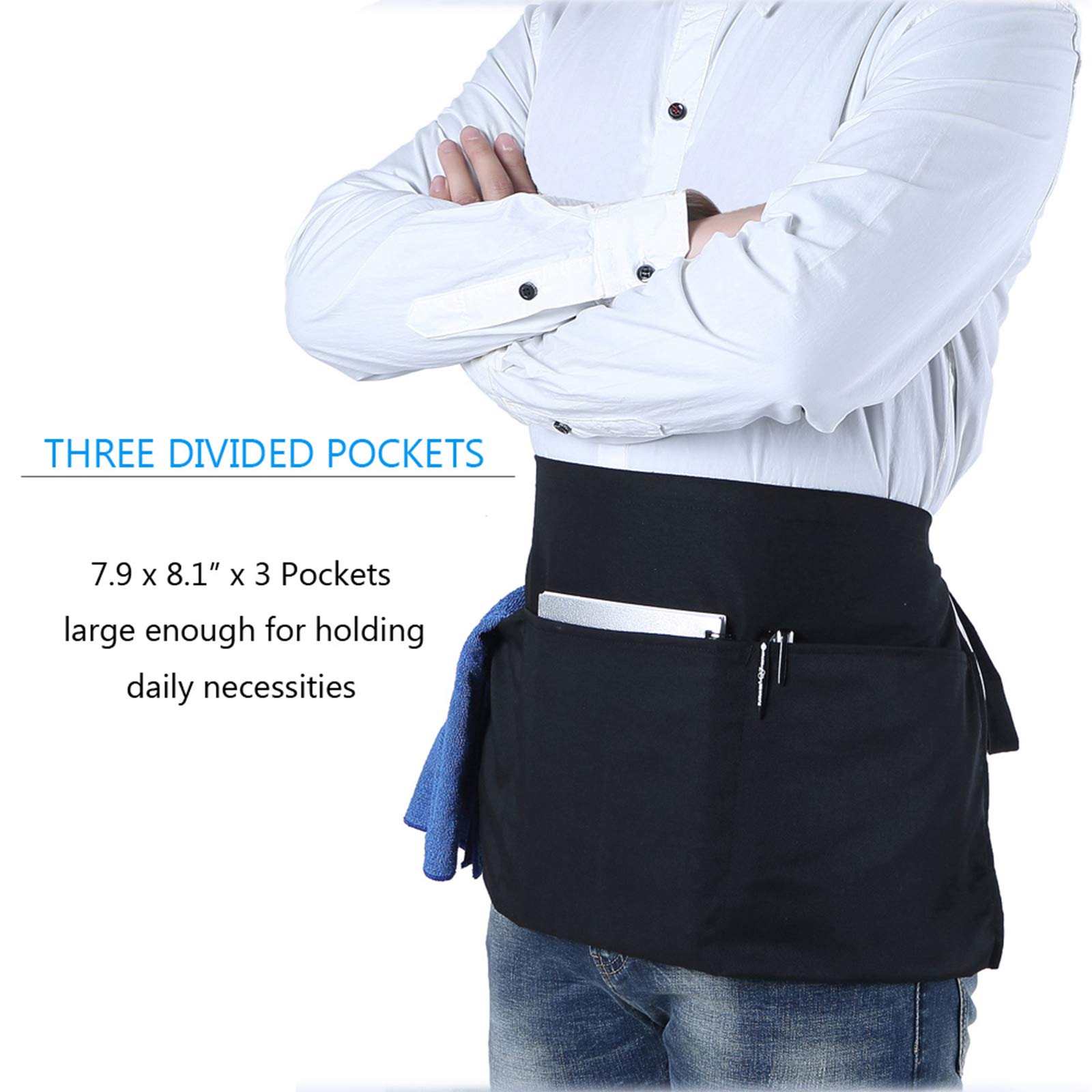 BOHARERS Waist Apron with 3 Pockets - Black Waitress Waiter Server Short Aprons