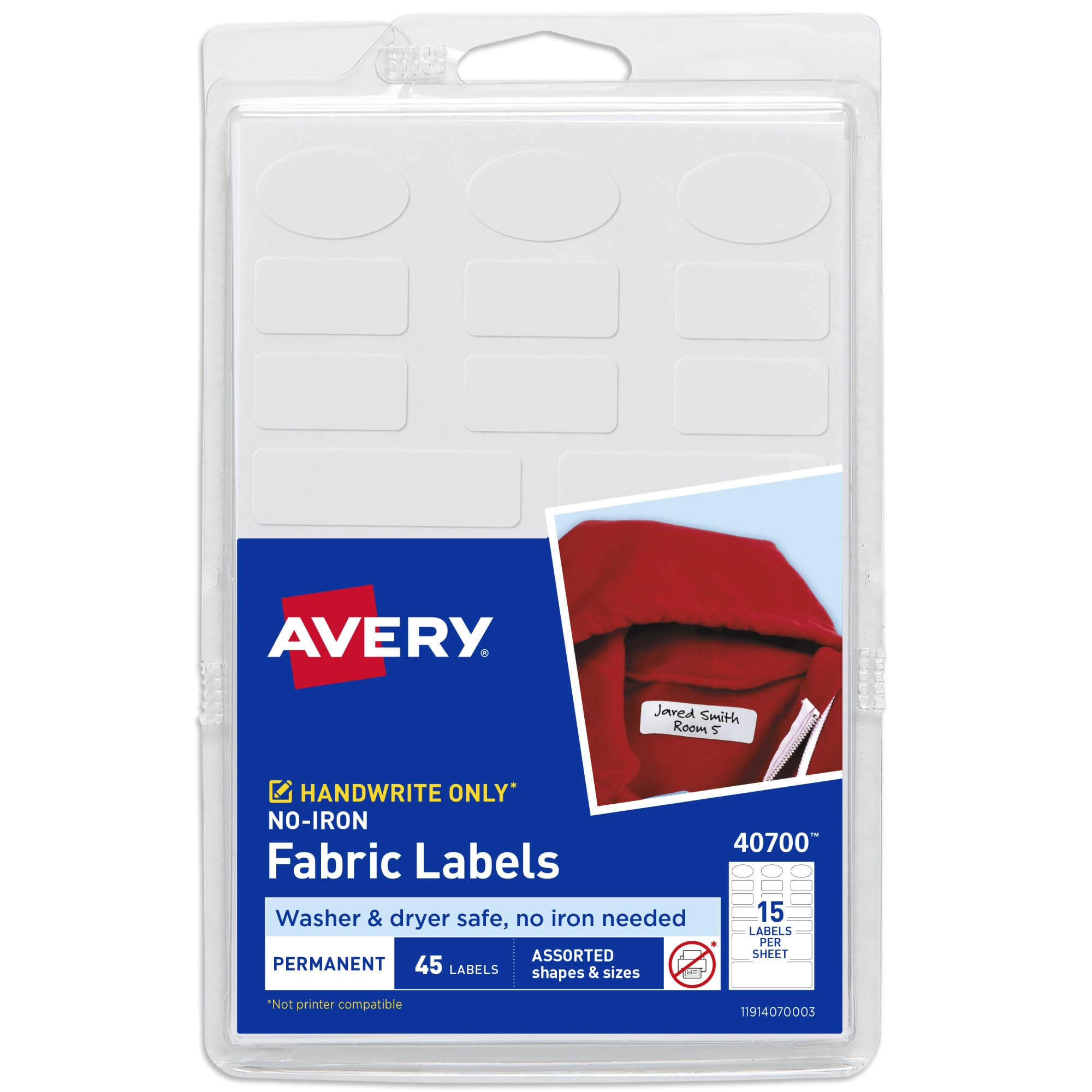 Avery No-Iron Fabric Labels, Assorted Shapes and Sizes, Washer and Dryer-Safe Waterproof Labels, Non-Printable, 45 Total (40700)