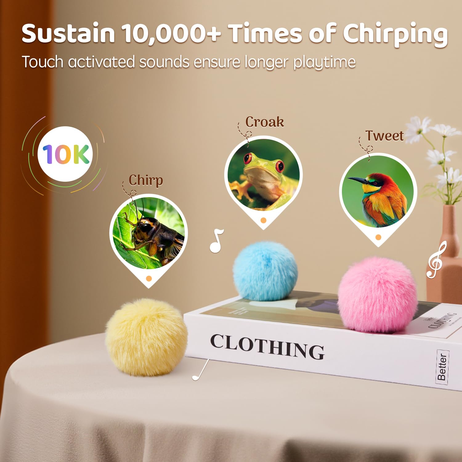 Potaroma Chirping Cat Toys Balls with SilverVine Catnip, Upgraded, 3 Pack Fluffy Interactive Cat Kicker, 3 Lifelike Animal Sounds, Kitty Kitten Catnip Exercise Toys