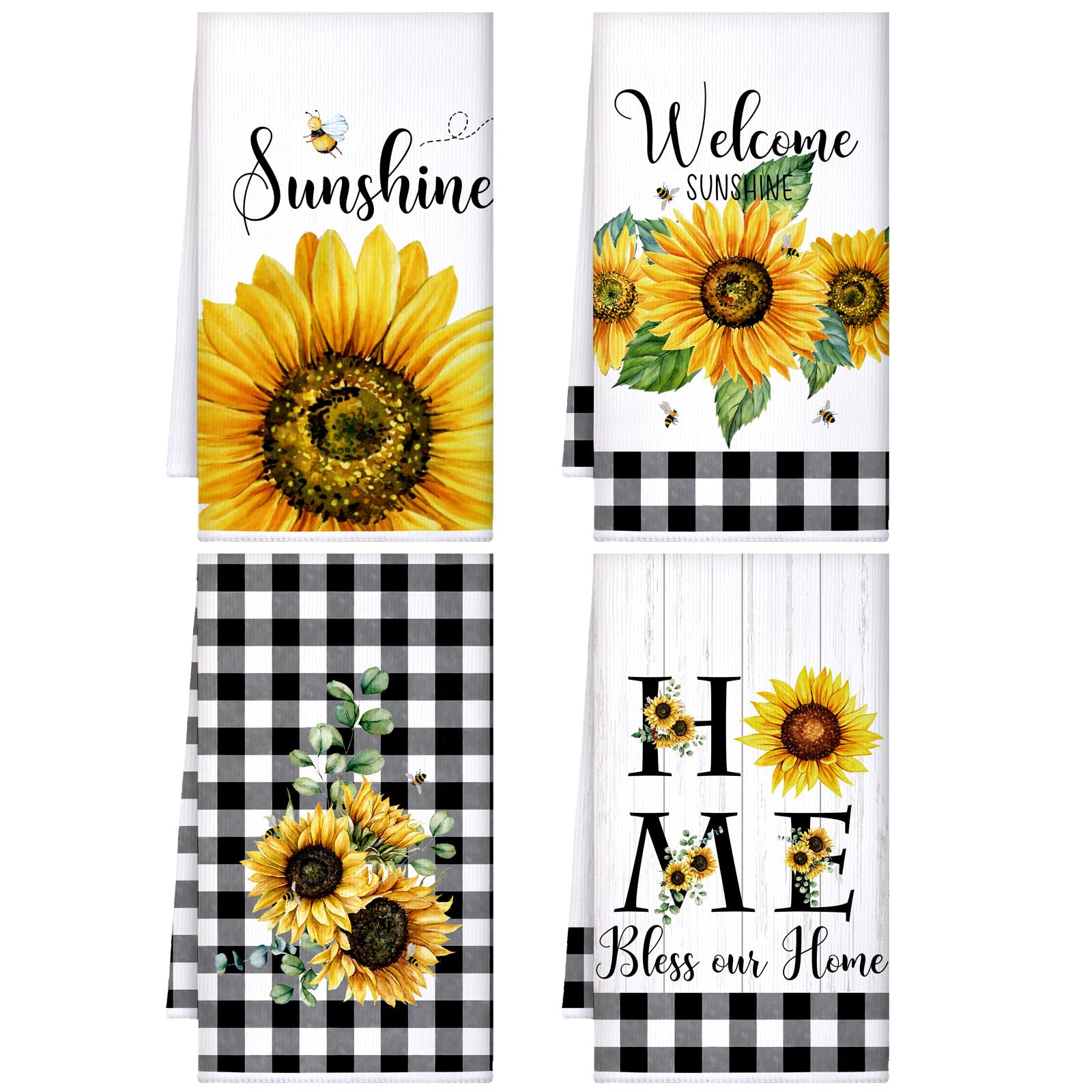 Bencailor 4 Pcs Sunflower Kitchen Towels Summer Fall Flower Floral Sea Beach Lemon Hand Dish Towels Fast Drying Decor Housewarming Gift for Cooking Kitchen Bathroom(Yellow,Sunflower)