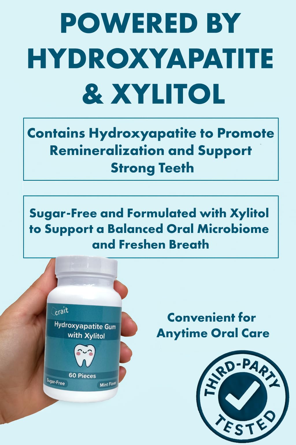 crait Hydroxyapatite Gum Remineralizing Gum with Non-Nano Hydroxyapatite and Xylitol, 70mg HA Per Piece, Sugar-Free Mint Chewing Gum for Fresh Breath 60 Pieces