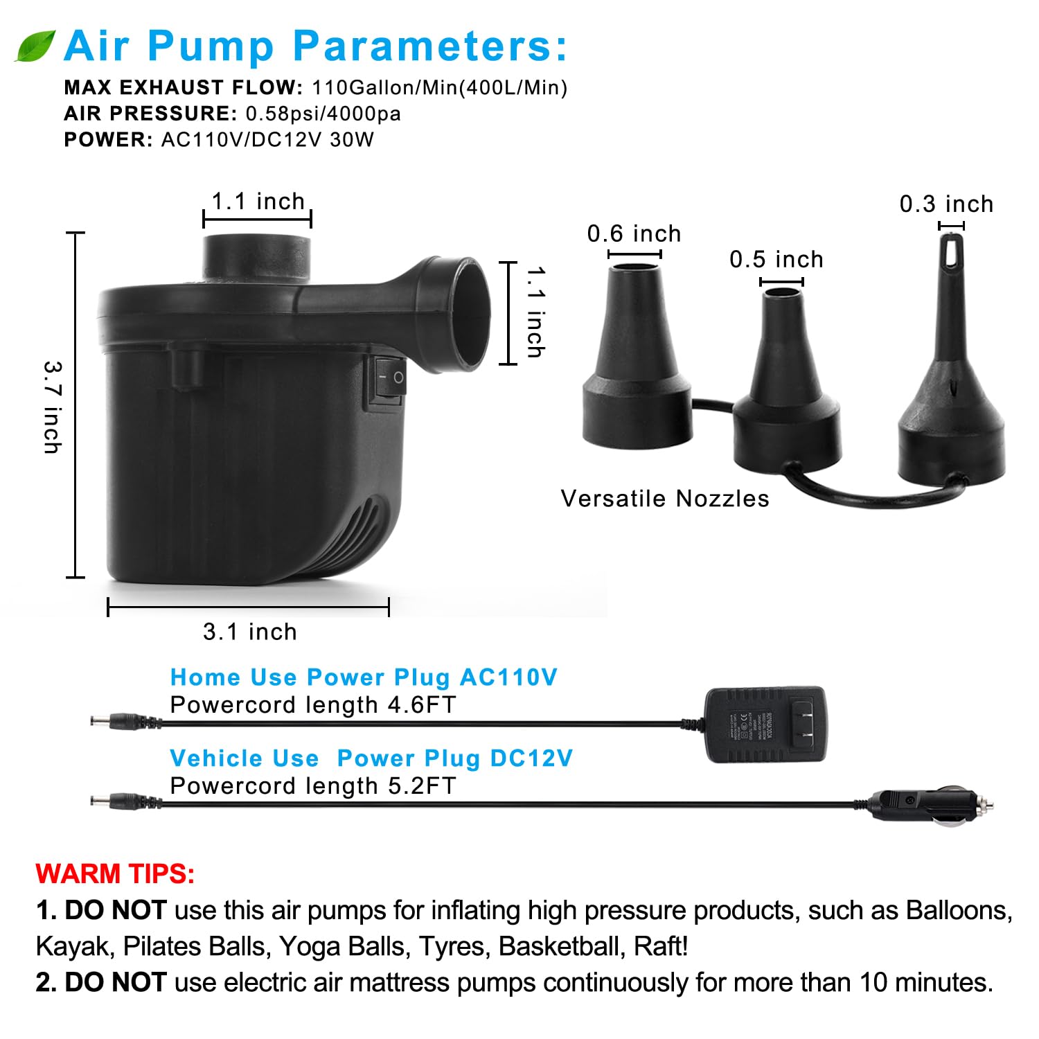 Newpol Inflatable Bed Pump, Electric Air Pump(100 Gallon/Min) for Air Mattress Beds, Inflatable Swimming Pools, Swimming Ring（AC110-240V/DC12V）