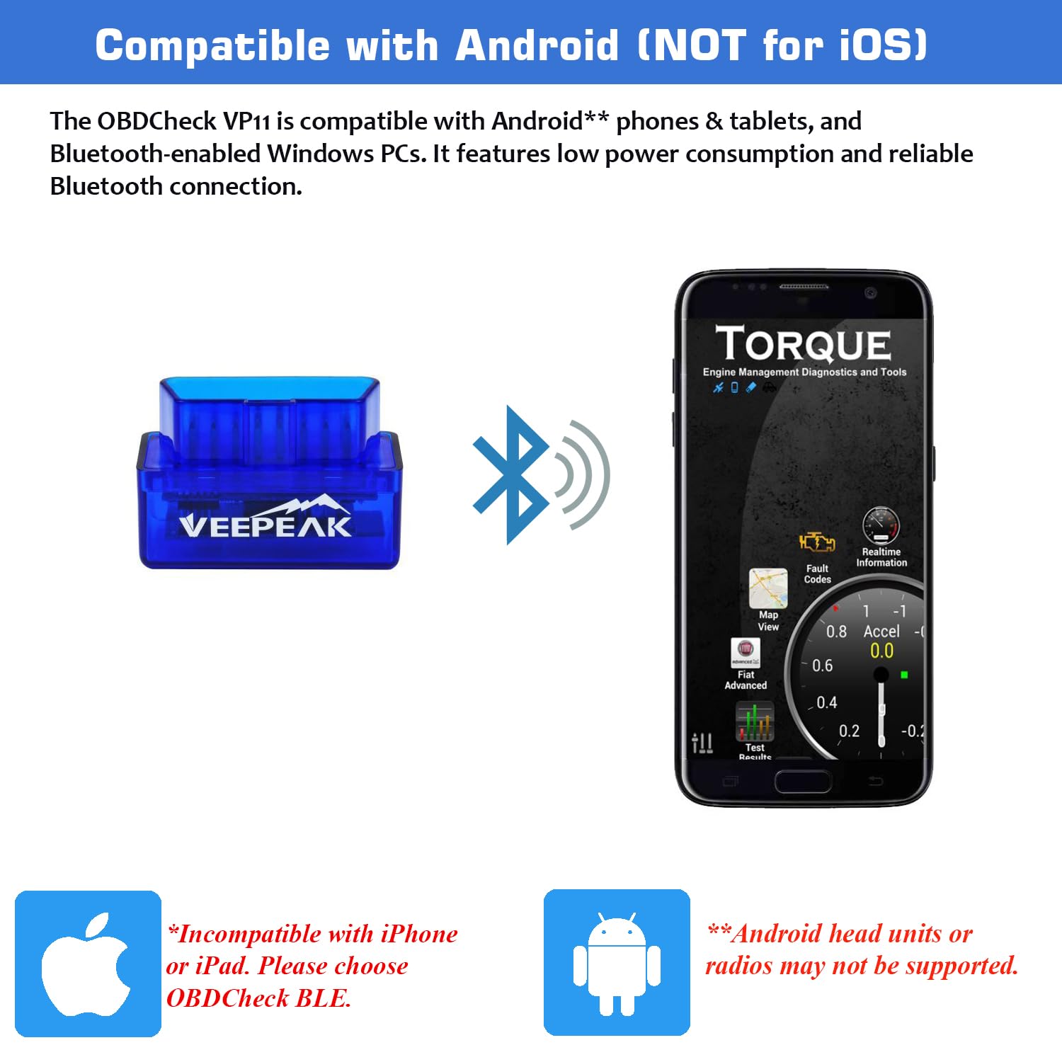 Veepeak Mini Bluetooth OBD II Scanner for Android (Incompatible with iOS), Car Wireless Check Engine Light Code Reader OBD Diagnostic Scan Tool