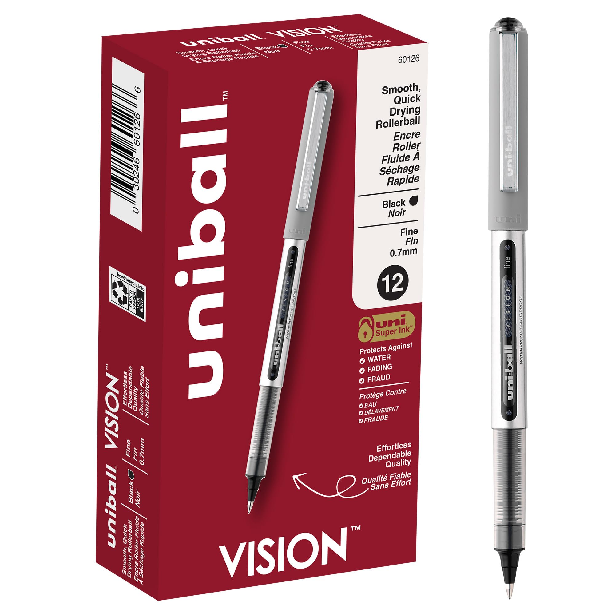 uni-ball(R) Vision(TM) Rollerball Pens, 0.7 mm, Fine Point, Gray Barrel, Black Ink, Pack Of 12, 60126