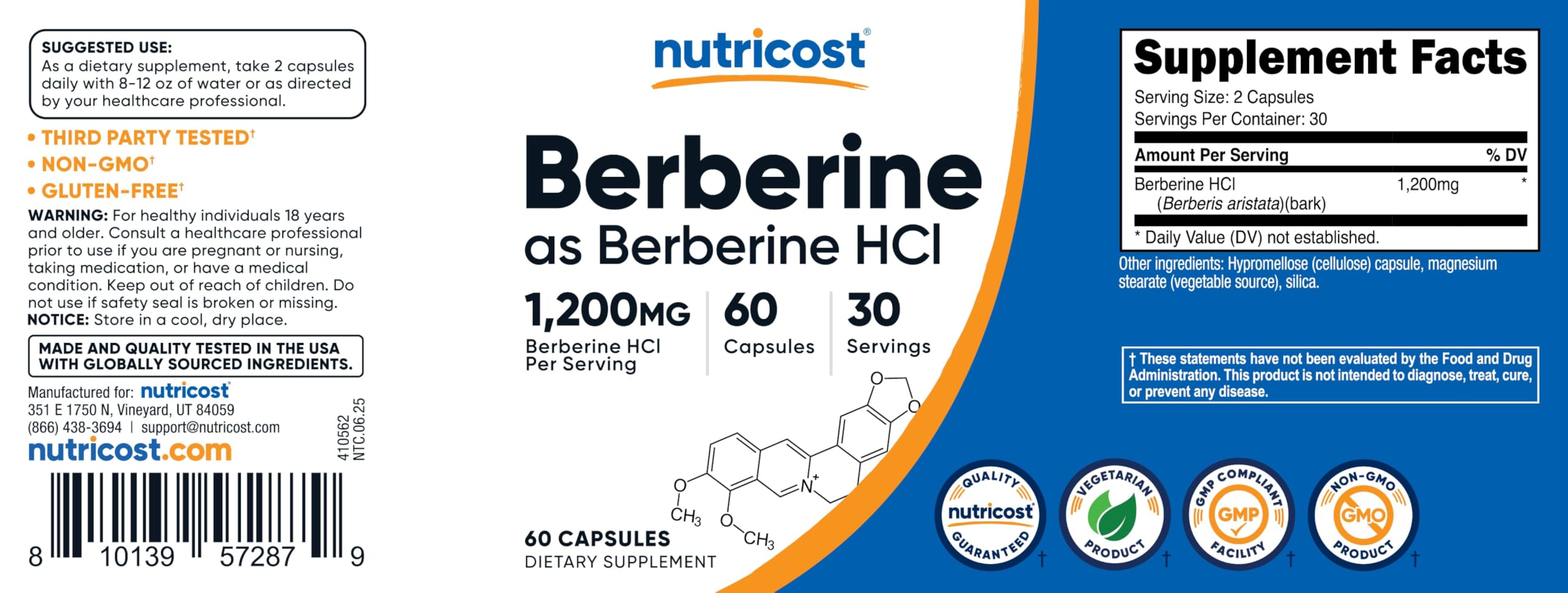 Nutricost Berberine HCl 1200mg , 60 Vegetarian Capsules - Gluten Free & Non-GMO