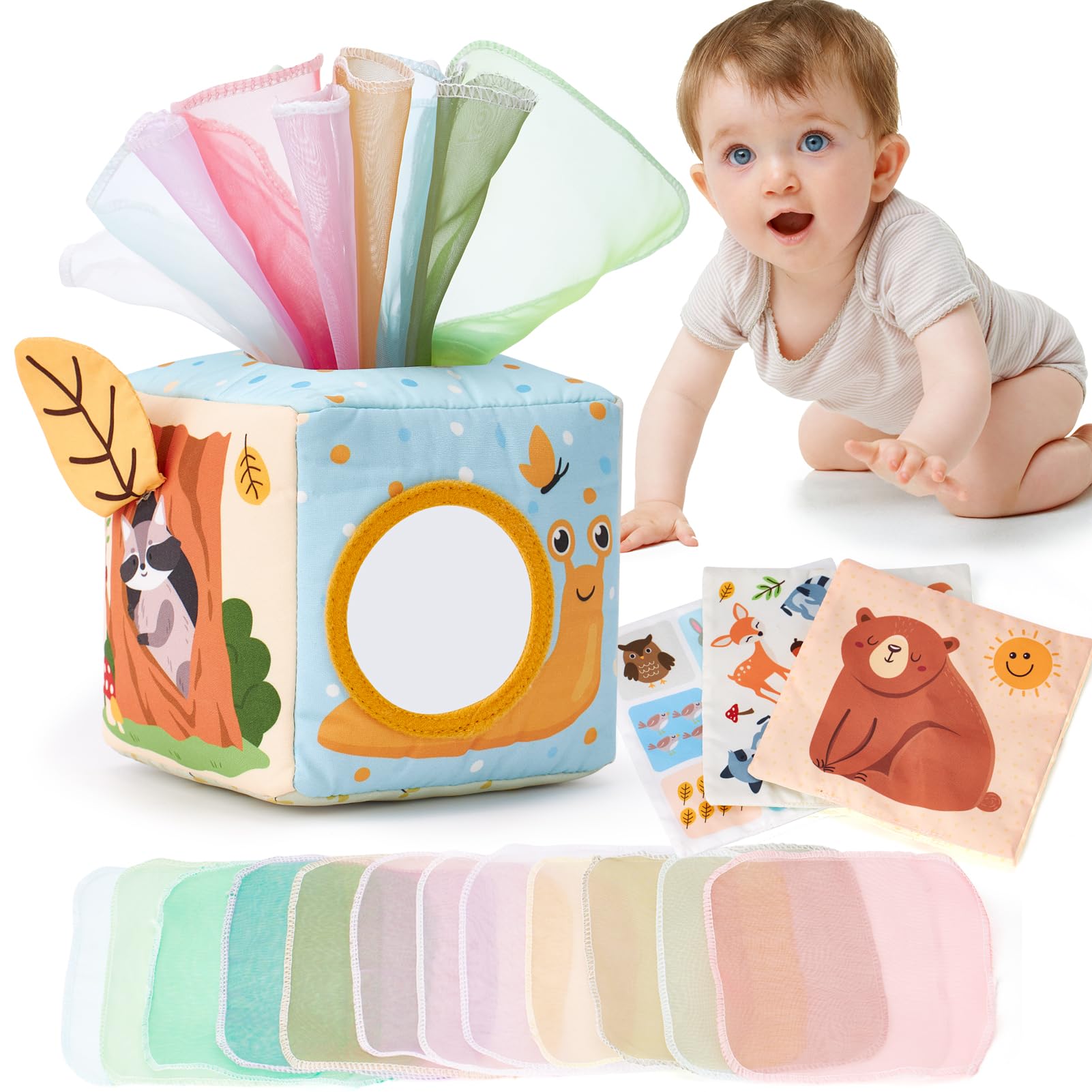 hahaland Baby Tissue Box Toy - Baby Toys 6-12 Months Stocking Stuffers for Babies Montessori Toys for 6 Month Old Must Haves - Boy Girl Shower Gifts 6 9 12 18 Months Old Sensory Pulling Play Scarf Toy