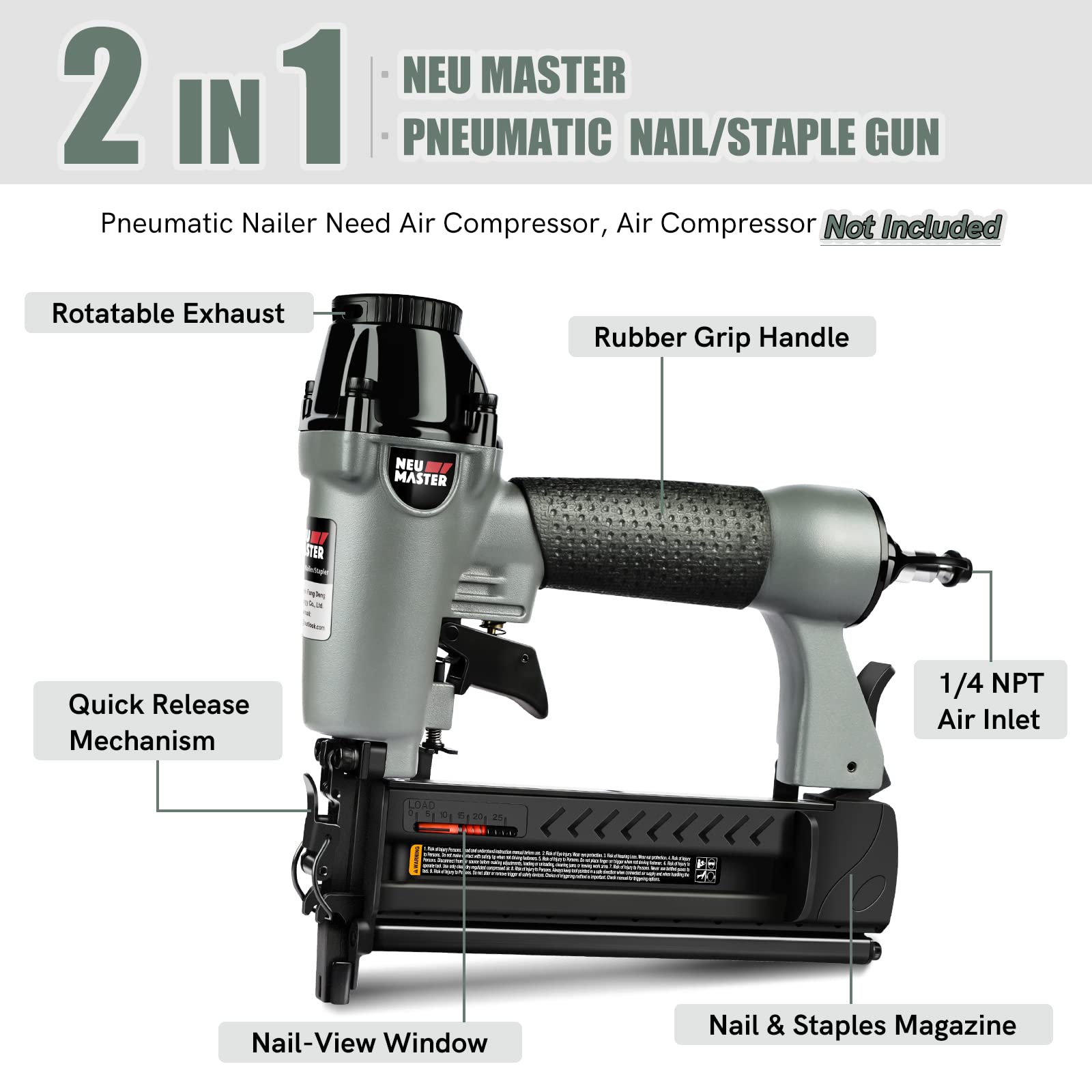NEU Master Pneumatic Brad Nailer, 2 in 1 Nail Gun Staple Gun Fires 18 Gauge 2 Inch Brad Nails and Crown 1-5/8 inch Staples with Carrying Case and Safety Glasses(Used with Air Compressor)