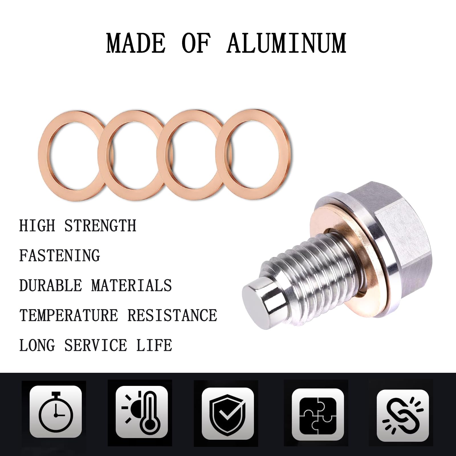 M14x1.5 Magnetic Oil Drain Plug, Magnetic Stainless Steel Oil Pan Drain Nut Bolt with 5PCS Copper Crush Washer Anti Leakage, Universal Leak-proof Replacement,Fits Most Cars,Motorcycles,Boats