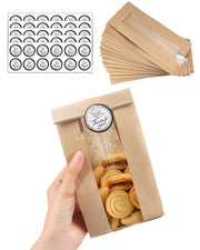50 PCS Cookie Bags with Seal, Kraft Brown Paper Bags with Stickers, Bakery Bag for Snack, Cupcake, Coffee Bean, Party Favor, Cookie Packaging, 3.5"x 2.3"x7.5"
