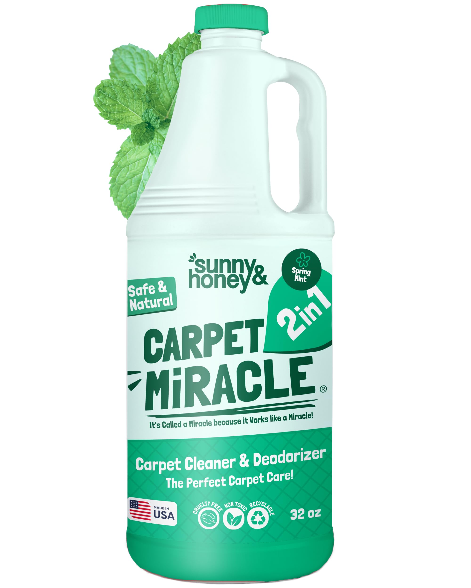Sunny & Honey Carpet Shampoo & Cleaning Solution - 32 Fl Oz Spring Mint Scent - Pet Carpet Cleaner Machine Solution - Rug & Upholstery Cleaner - Stain Remover & Odor Deodorizer