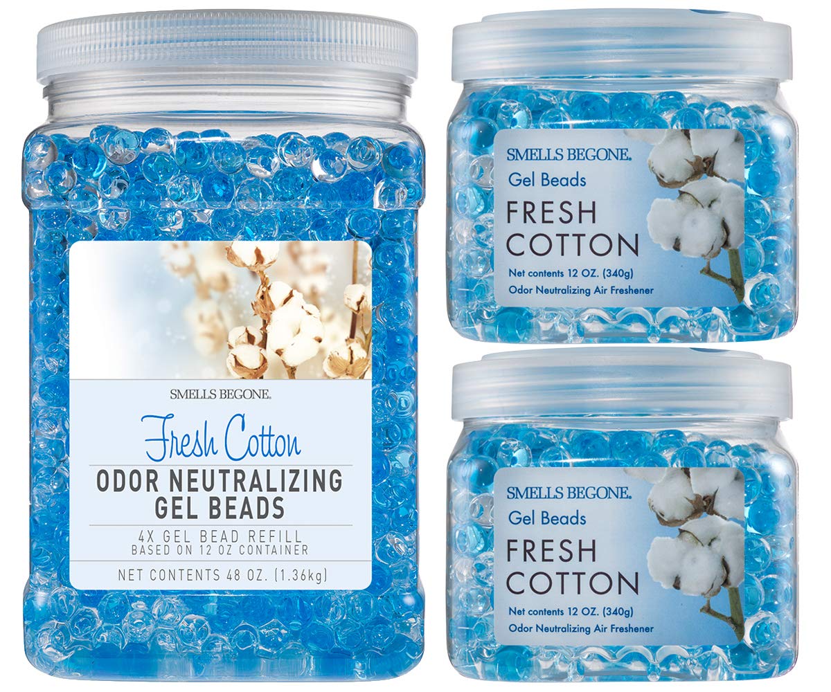 SMELLS BEGONE Odor Eliminator Gel Bead Value Pack - 72 oz - Air Freshener - Made with Essential Oils - Eliminates Odors in Bathrooms, Pet Areas, Cars, & Boats - Fresh Cotton Scent