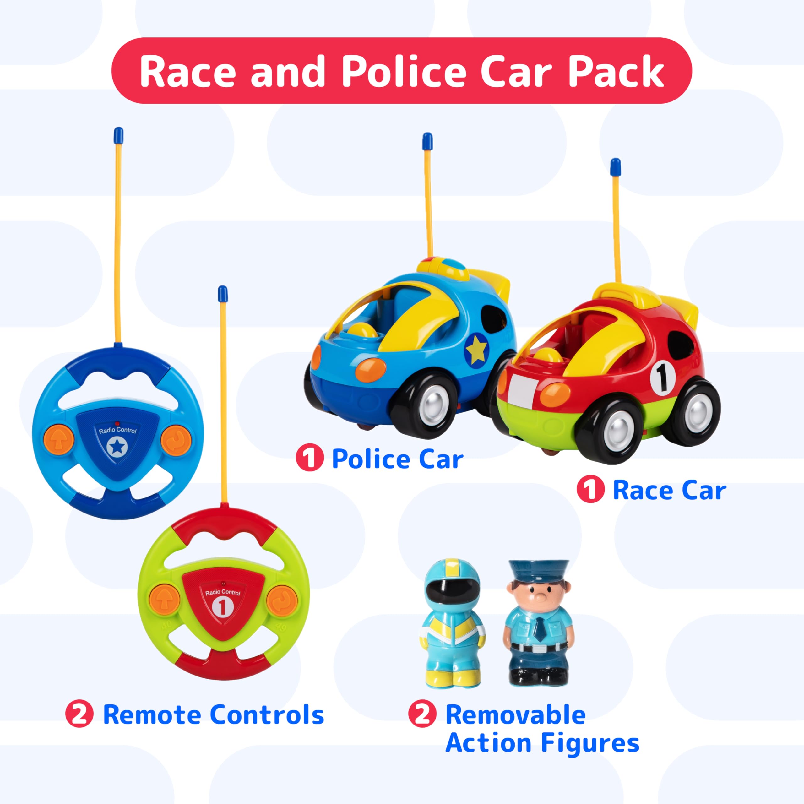 PREXTEX Cartoon Remote Control Car - 2-Pack Police and Race Car Toddler Toys - RC Cars for Kids with Different Frequencies - Easy Remote Control Toy and Thoughtful Gifts for Boys and Girls