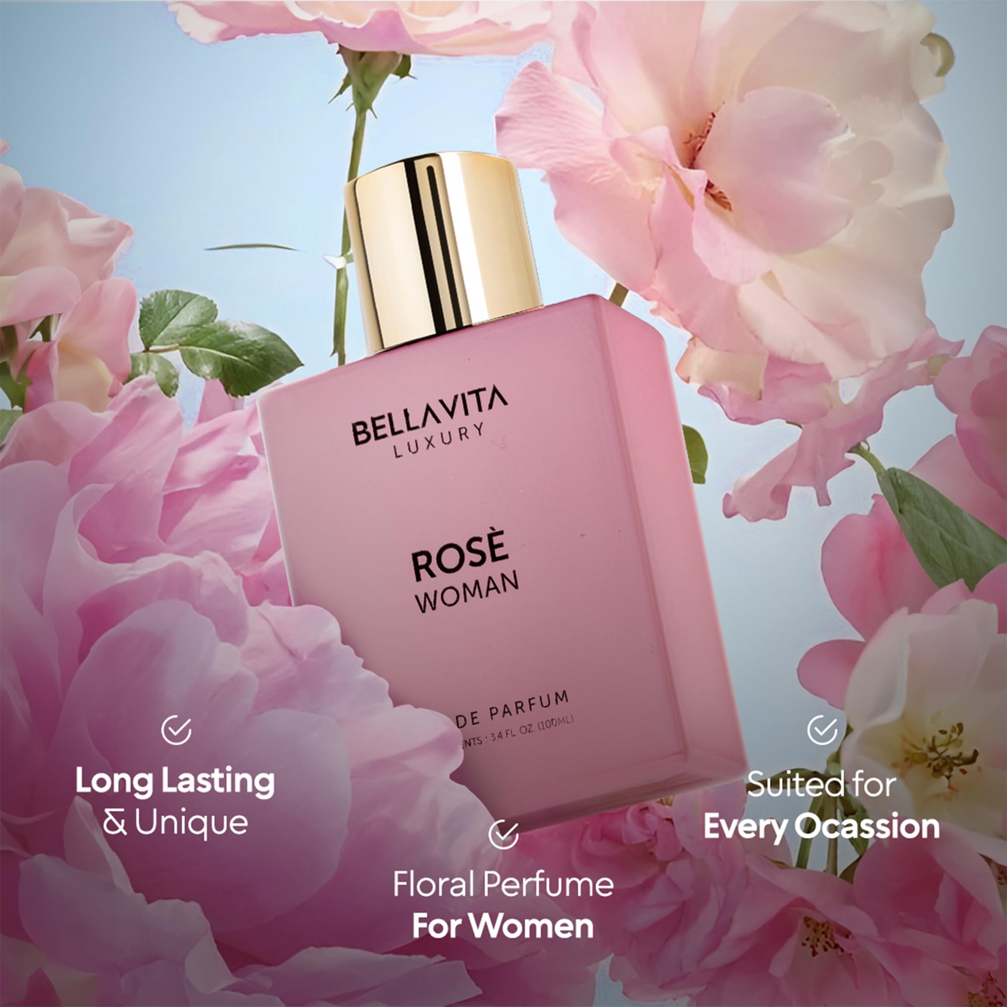 BellaVita Luxury ROSE Perfume for Women (100ml) | Floral, Oriental & Sweet Fragrance | Notes: Amber, Vanilla, Black Currant, Rose, Jasmine | Premium French Floral Fragrance