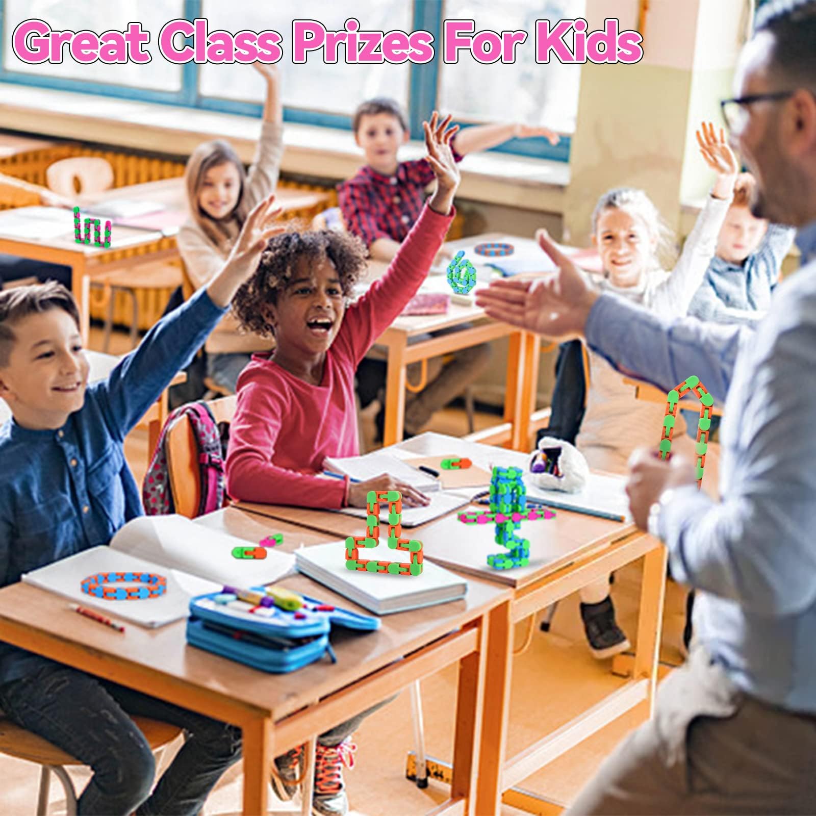 8Pcs 24Links Fidgets Wacky Tracks Fidget Toys for Kids Classroom Students Gifts School Stocking Stuffers Plastic Sensory Autism Snap Fidget Click Snake Toys for Adults Travel Stress Relief 11inch