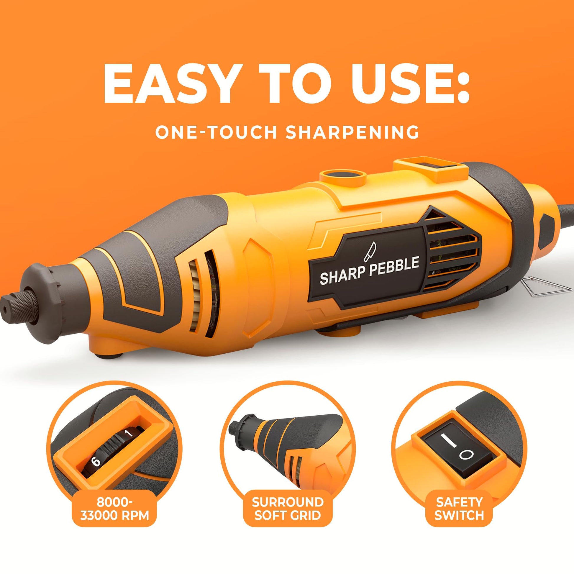 Sharp Pebble Electric Chainsaw Sharpener Kit - Comes with Chain Saw Sharpener Tool, 4 File Size Sharpening Wheel Bits, Angle Attachment, Wrench & eBook