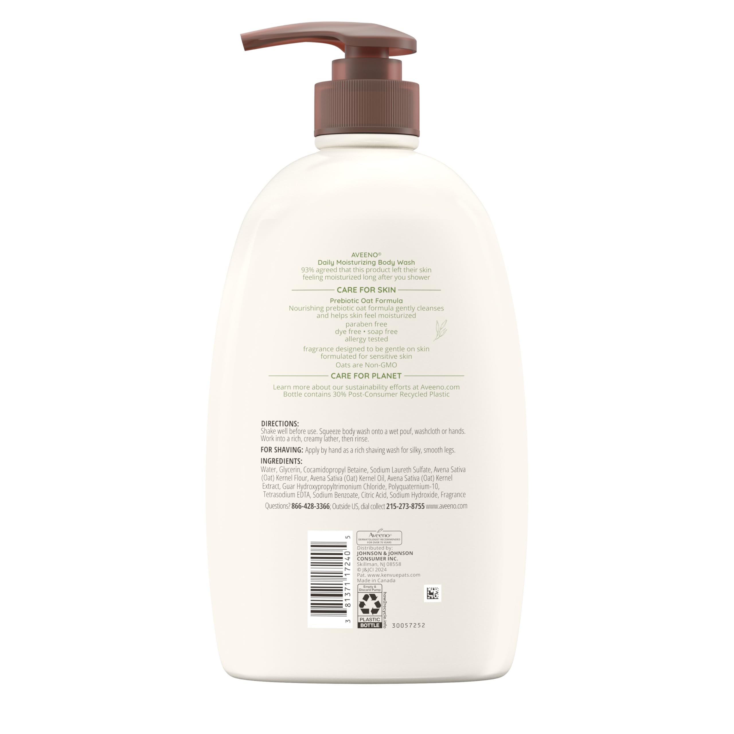 Aveeno Daily Moisturizing Body Wash for Women and Men for Dry & Sensitive Skin, Paraben, Soap & Dye-Free, Gentle Shower Cleanser, Dermatologist Recommended Brand, Lightly Scented, 33 Fl Oz