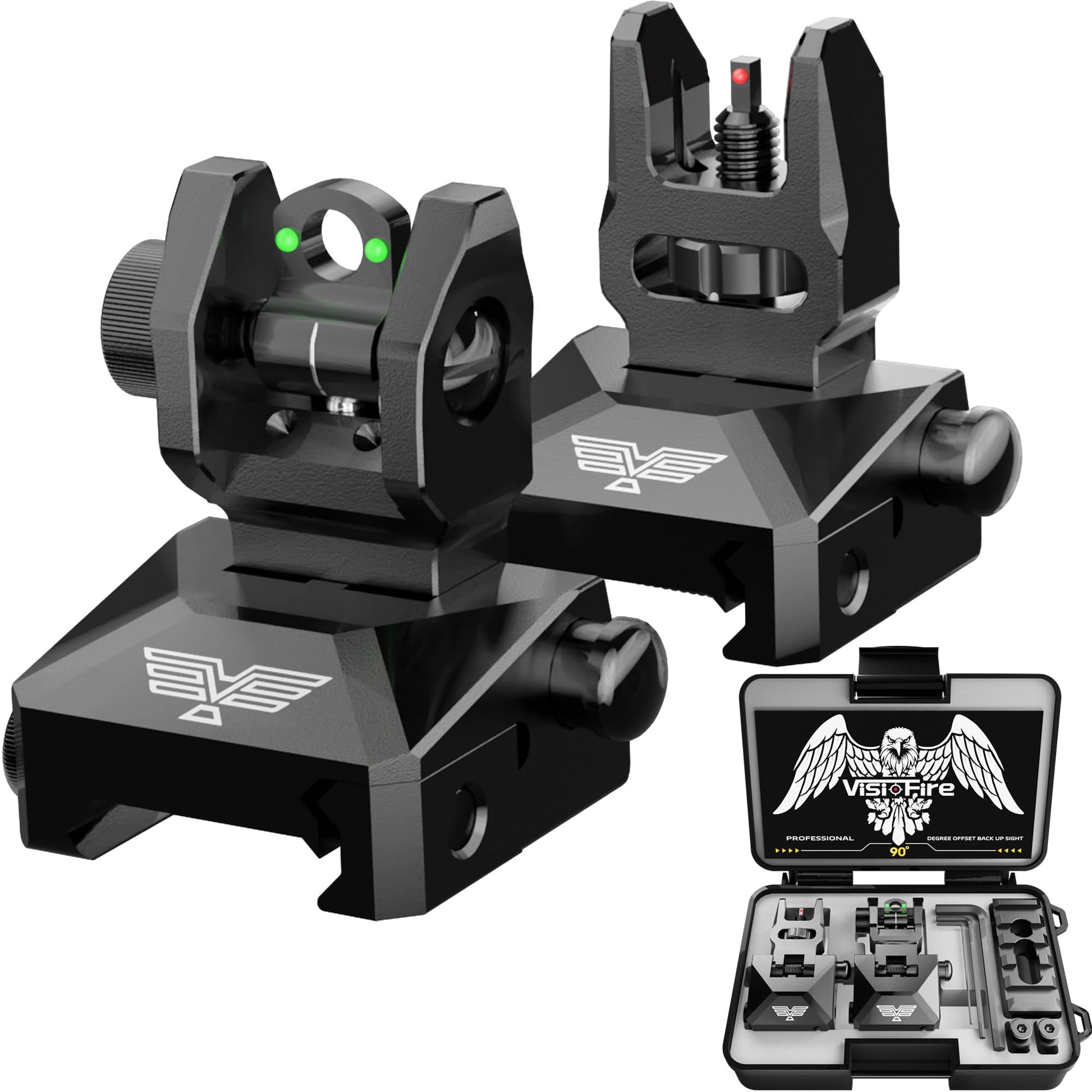 Visiofire Fiber Optic Iron Sights for Picatinny Rail | Flip Up Front and Rear Backup Sights with Red Green Dots | Tool-Free Ajustable Rear Flip Up Sights | Pop Up Fiber Optic Sights Rapid Transition