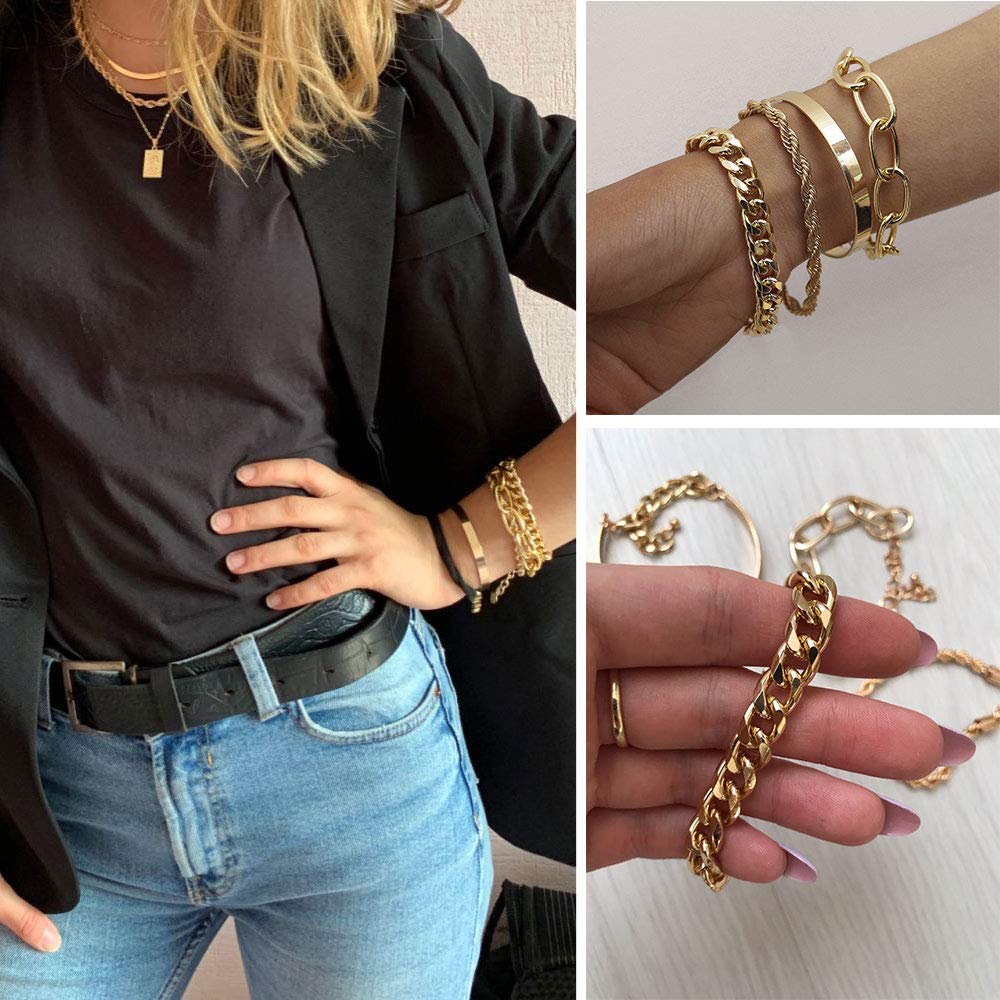 IFKM Gold Bracelets for Women, 14K Gold Plated Dainty Layered Chain Bracelets Adjustable Cute Bangle Link Bracelet Set (4 PCS Gold Plated)