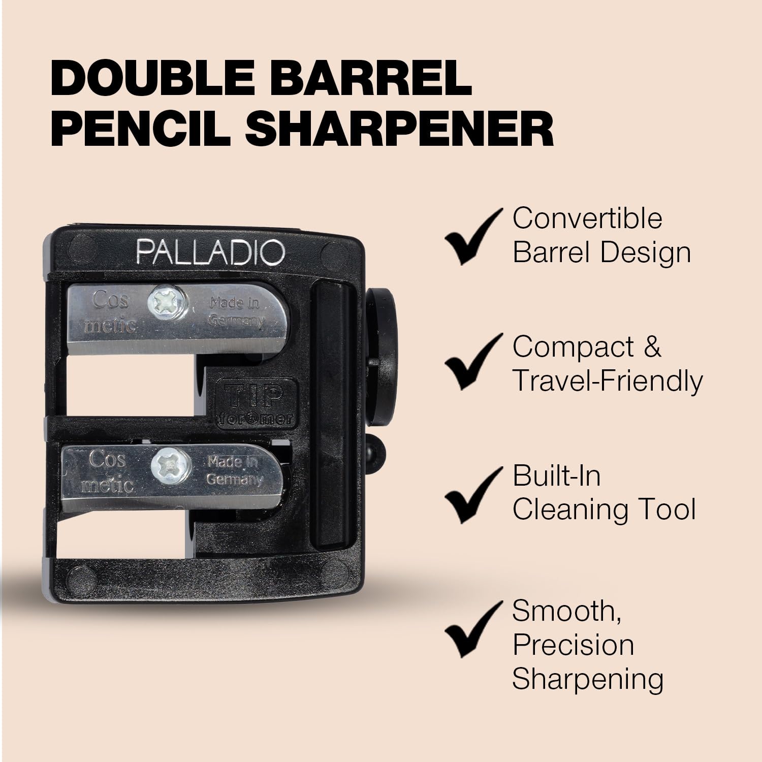 Palladio Double Barrel 3 in 1 Cosmetic Pencil Sharpener with Cover, Stainless Steel Blade, Size Adjuster, Essential for Small and Extra Large Lip Liner, Eyeliner, Brow Pencils