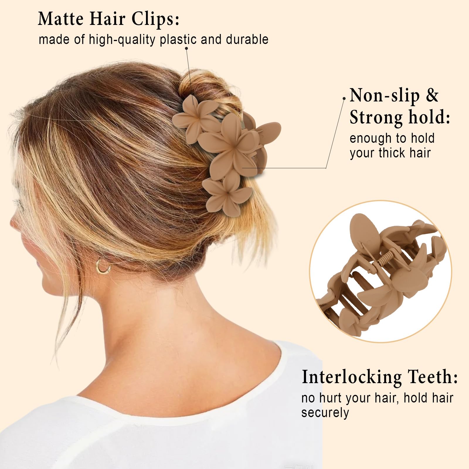 ANBALA 4PCS Hawaiian Plumeria Flower Hair Clips - Large Non-Slip Matte Claw Clips for Women, Strong Hold Beach Hair Accessories