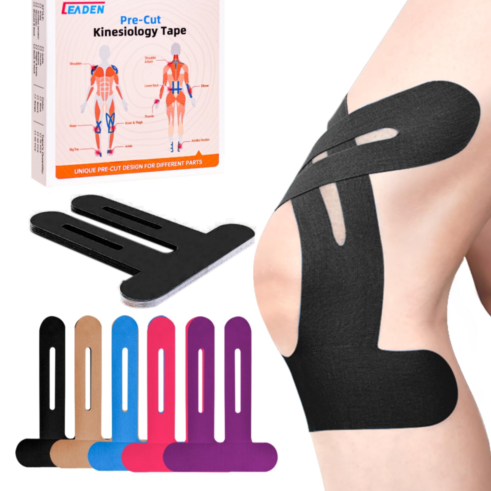 IEADEN Precut Kinesiology Tape for Knees, 10 Pcs - Knee Support & Stability, Knee Pain Relief Athletic Tape - Waterproof & Elastic, Breathable Hypoallergenic Latex-Free Tape, Black