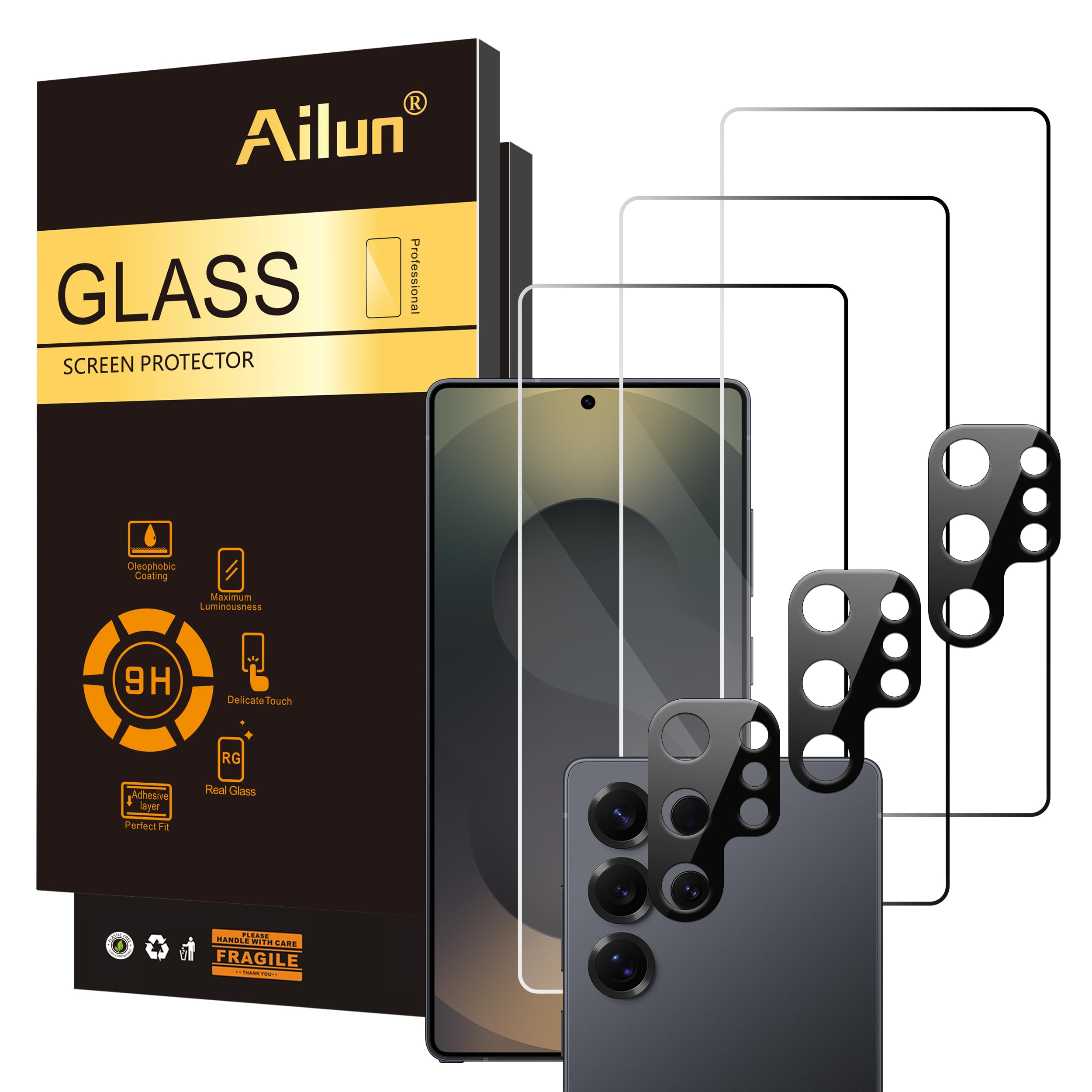 واقي شاشة زجاجي Ailun لهاتف Galaxy S25 Ultra [6.9 بوصة] 3 عبوات + 3 عبوات عدسة كاميرا من الزجاج المقسى لفتح بصمة الإصبع 0.25 مم فائق الوضوح ومضاد للخدش ومتوافق مع الحافظات [ليس لهاتف S25/S25 Plus/S25 Edge]