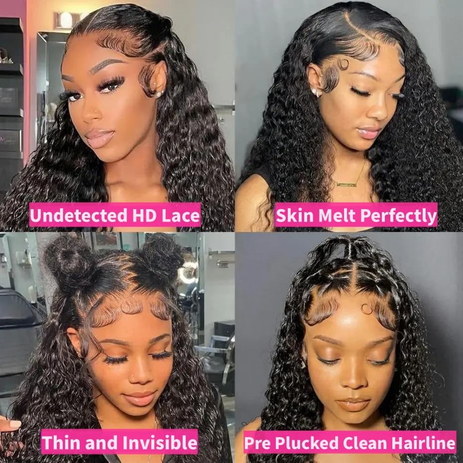 JTMMP 13x6 Deep Wave Lace Front Wigs Human Hair 200% Density 26 Inch Curly Human Hair Wig for Women Natural Black HD Transparent Lace Glueless Frontal Wigs Human Hair Pre Plucked