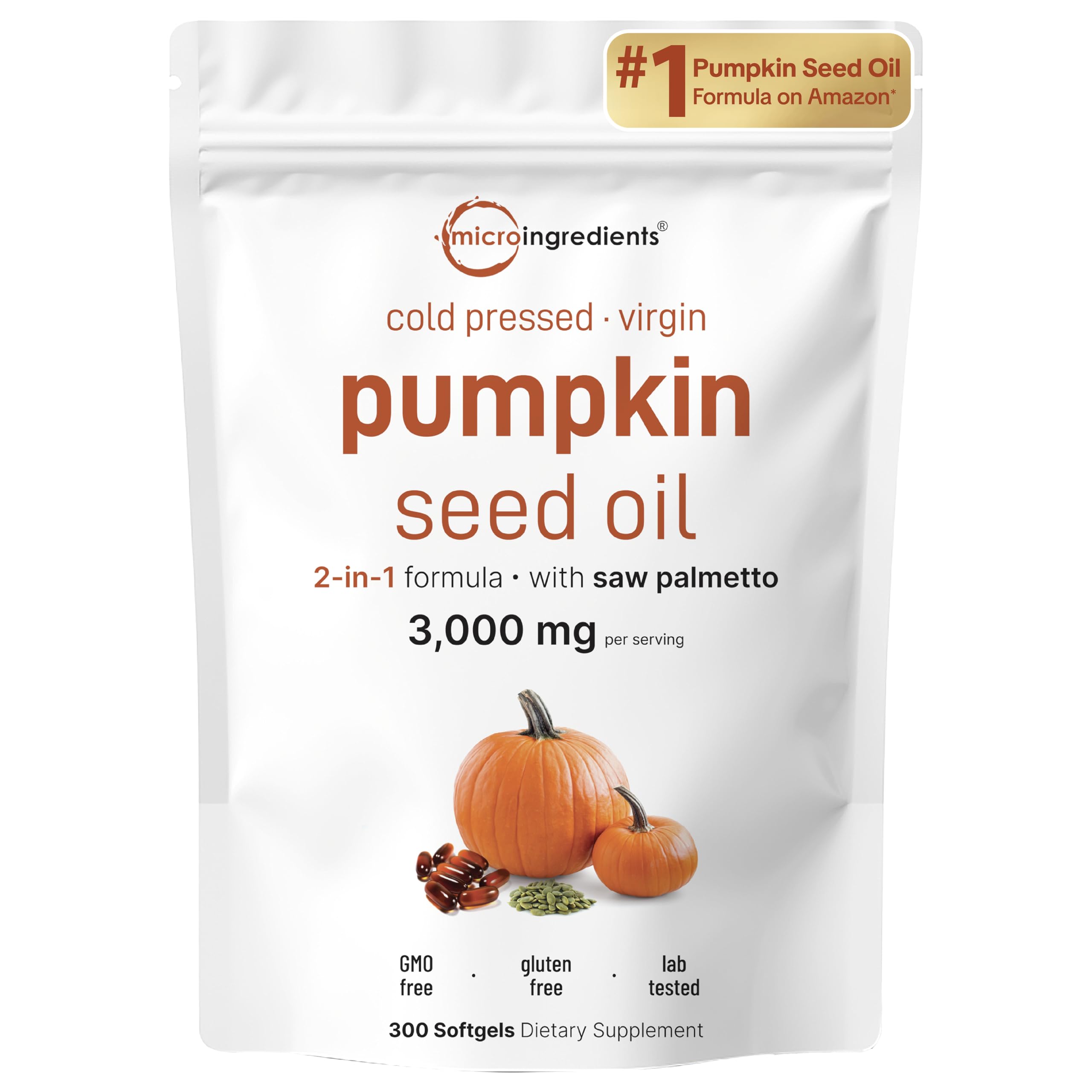 Pumpkin Seed Oil with Saw Palmetto, 3000mg Per Serving, 300 Softgels | Cold Pressed, Pure Virgin Oil, Essential Fatty Acids & Phytosterols | Supports Hair, Urinary, Bladder & Prostate Health | Non-GMO