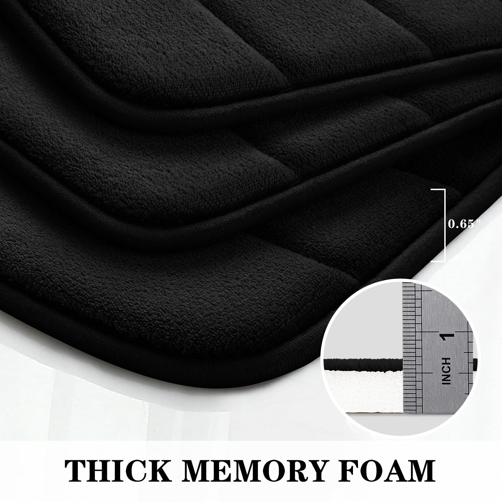 BYSURE Black Memory Foam Bathroom Rug Set 3 Piece, Non Slip Extra Soft Absorbent Washable & Dry Toilet Bath Mat Sets