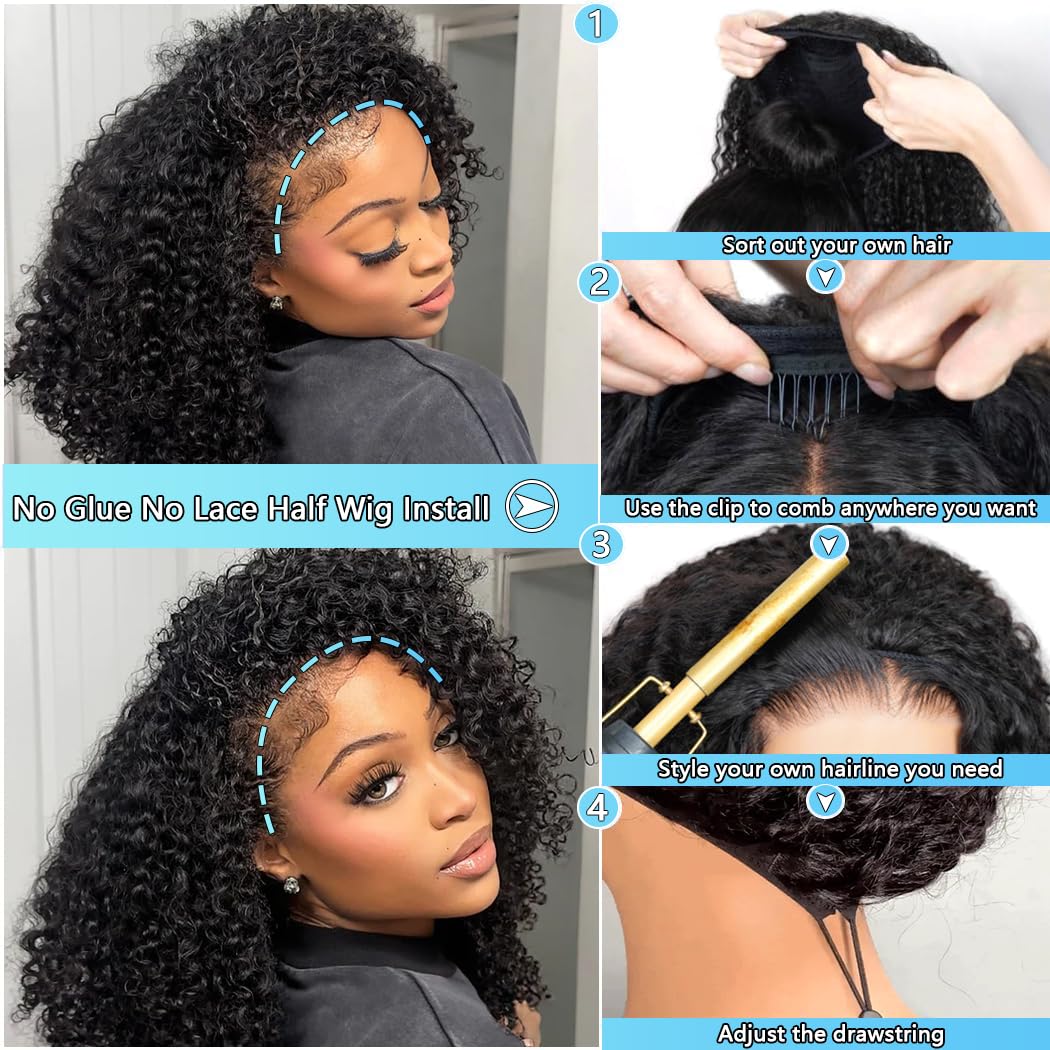 QUANDIAN Kinky Curly Half Wig Human Hair 200% Density Wear Go Glueless Wigs Human Hair 20 Inch Curly 3 In 1 Half Wigs for Women Drawstring Seamless Flip Headband Wig Beginner Friendly