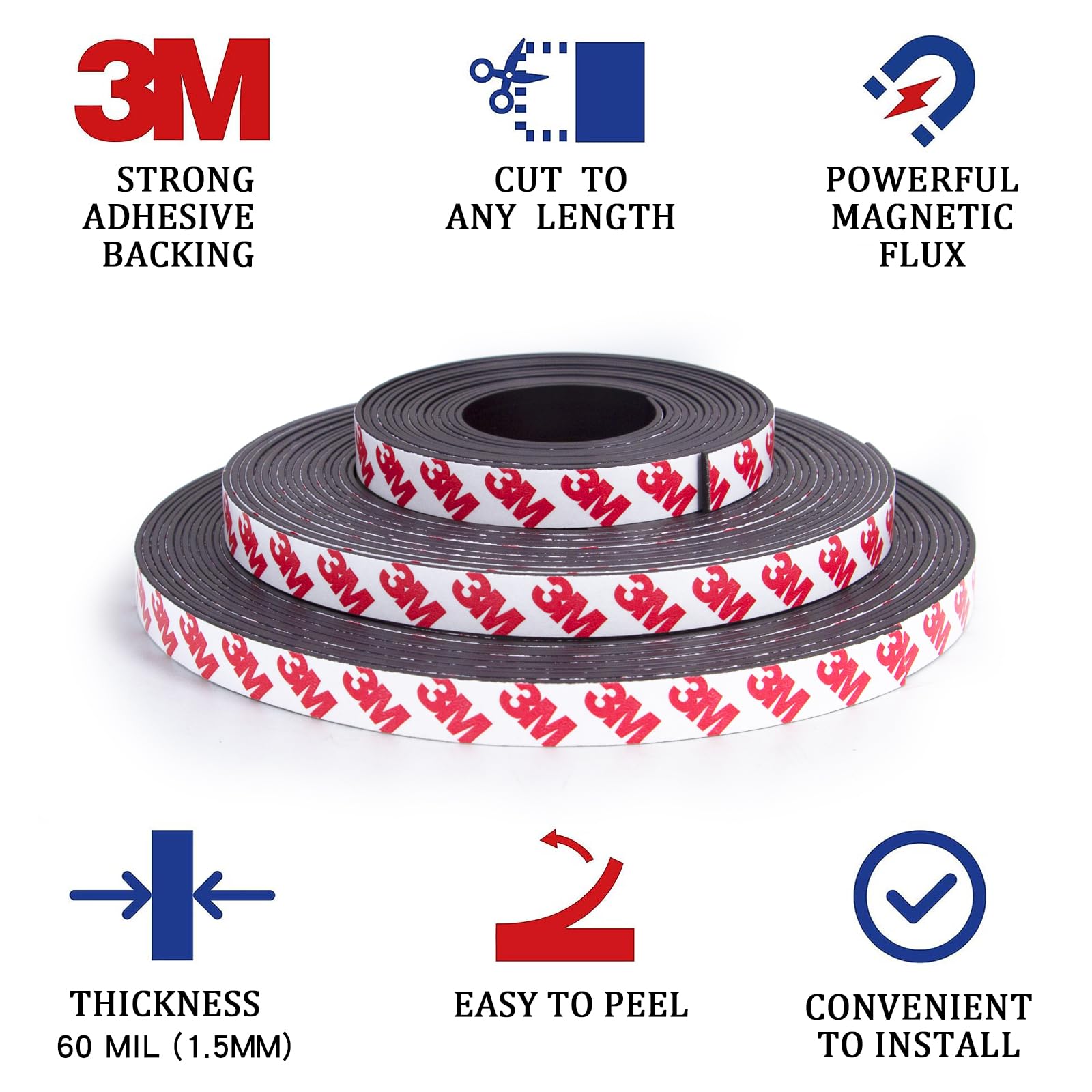 Towjug 10 Feet x1/2 in Magnetic Tape Strips Roll with 3M Adhesive Backing, Flexible Sticky Magnet Tape for Lightweight Craft DIY Projects, Whiteboards and Fridge Organization (0.06" Thick)