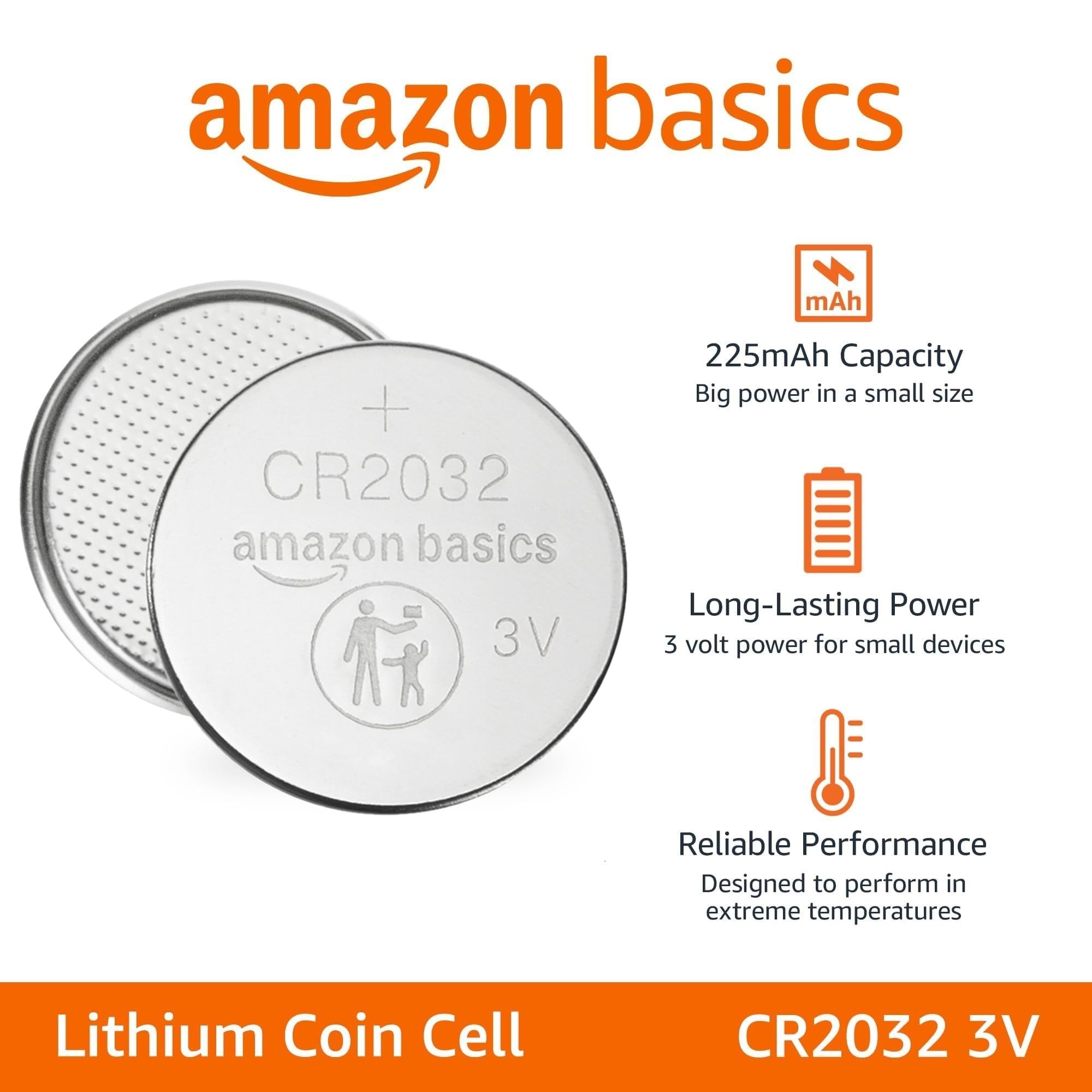 Amazon Basics CR2032 Lithium Batteries, 4-Pack, Child-Proof Package, Non-Coated - AirTag Compatible