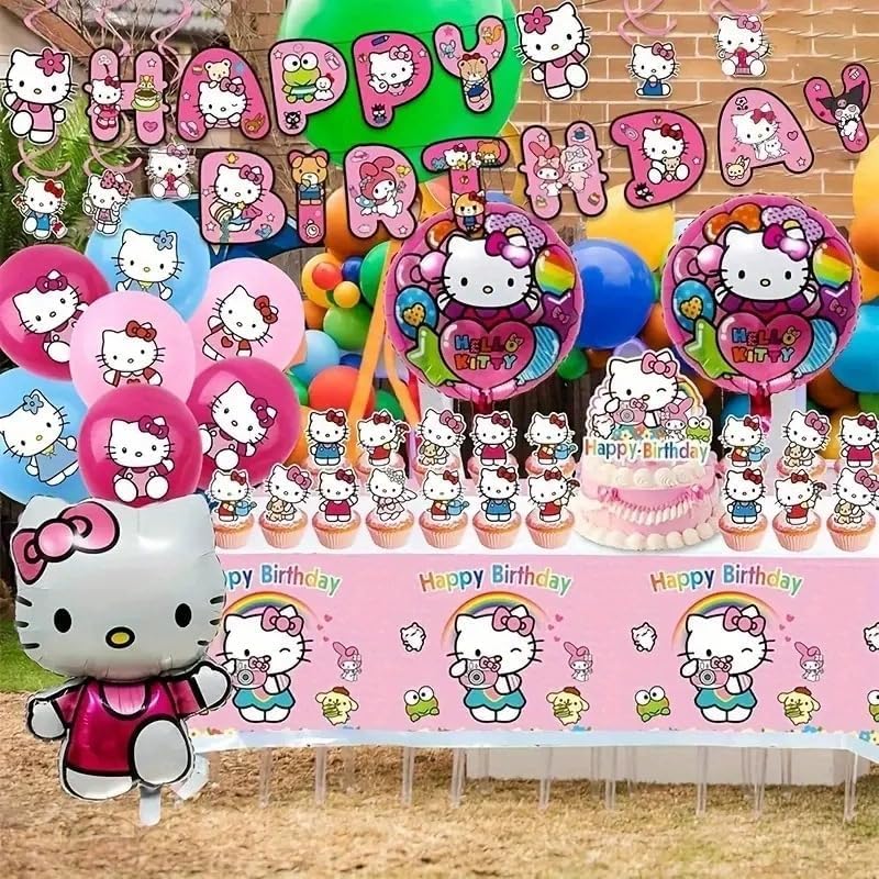48Pcs - Kitty Birthday Party Decorations Set, with Banner, Balloons, Cake Topper, Cupcake Toppers, Hanging Swirls, Tablecloth.