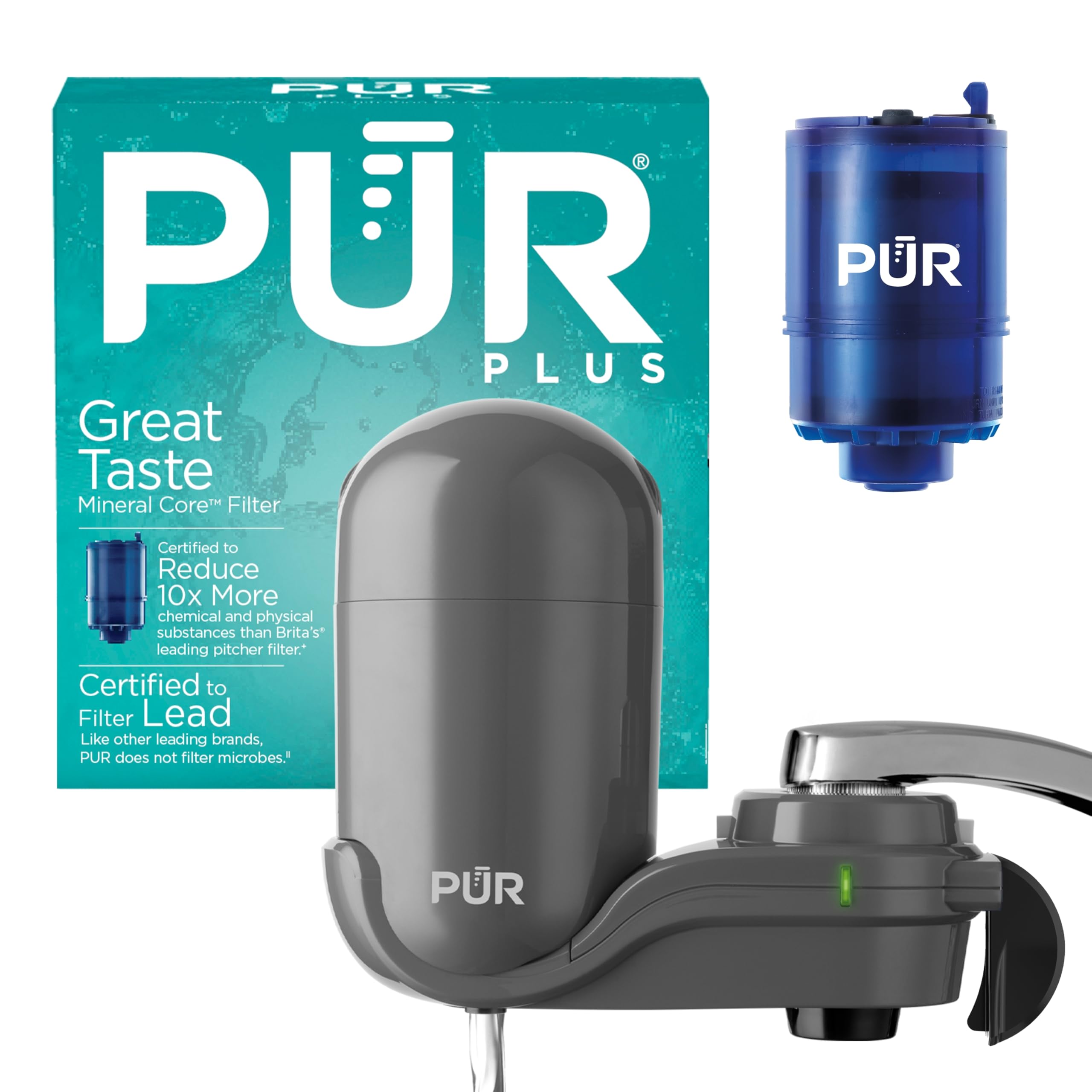 PUR Plus Vertical Faucet Mount Water Filtration System, Lead-Reducing Water Filter For Sink Faucet, Easy Install, 100 Gallons, Compatible with Sinks with External Aerators, Grey