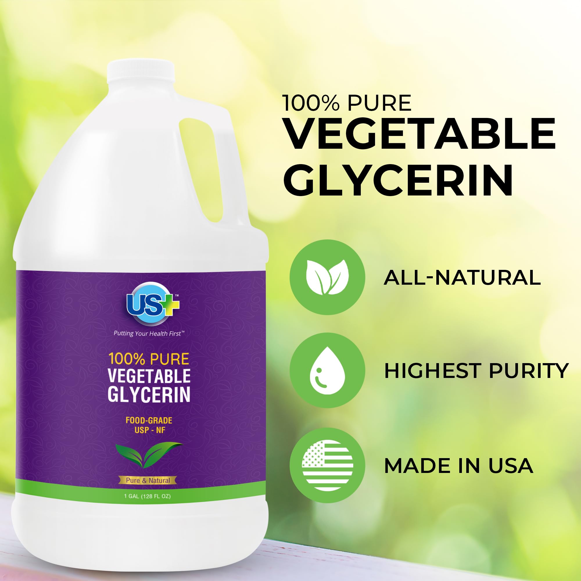 US+ 100% Pure Vegetable Glycerin - Pharmaceutical & Food Grade (USP) - Premium Quality All-Natural Moisturizer & Cleanser - For skin, hair, soaps & more (1 Gallon)