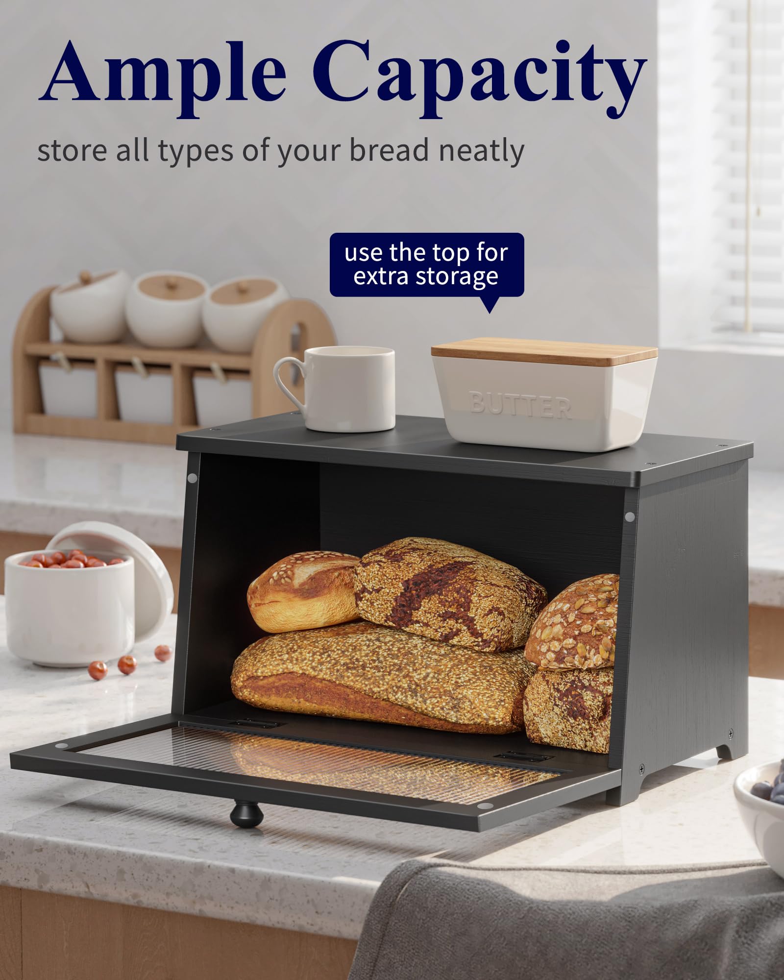 Kitsure Bread Box - Wooden Bread Box for Kitchen Countertop, Large Capacity Kitchen Countertop Organizer, Stylish Bread Storage with Window, Multi-functional Container, Black, 15.0"x8.3"x9.1" (1T)
