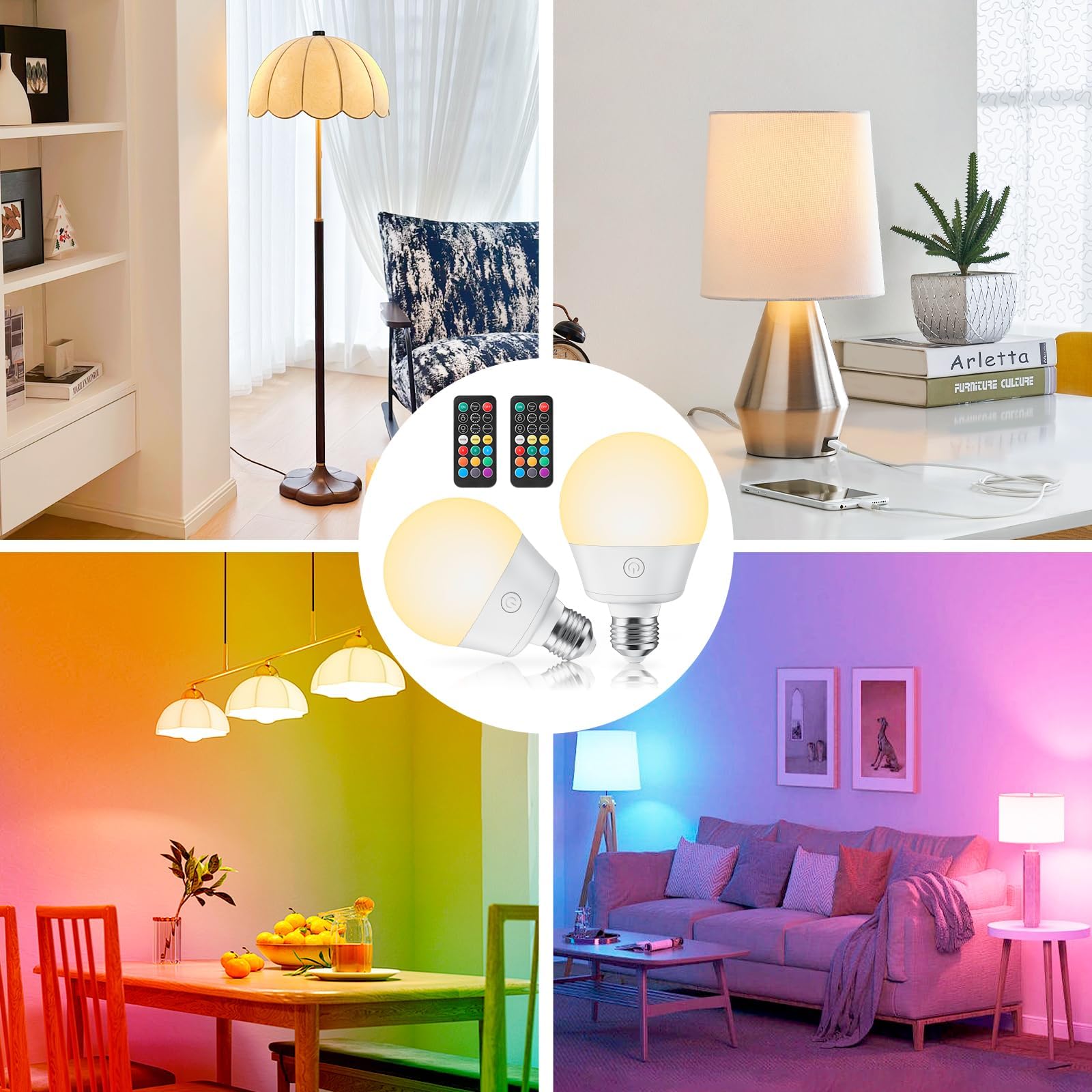 Brightown E26 Rechargeable Light Bulb with Remote and Timer, Battery Backup Bulb for Sconces and Lamps, Magnetic Bulbs for Non-Hardwired Fixture, 3 Color Temperatures + 9 RGB Colors, Dimmable, 2 Pack