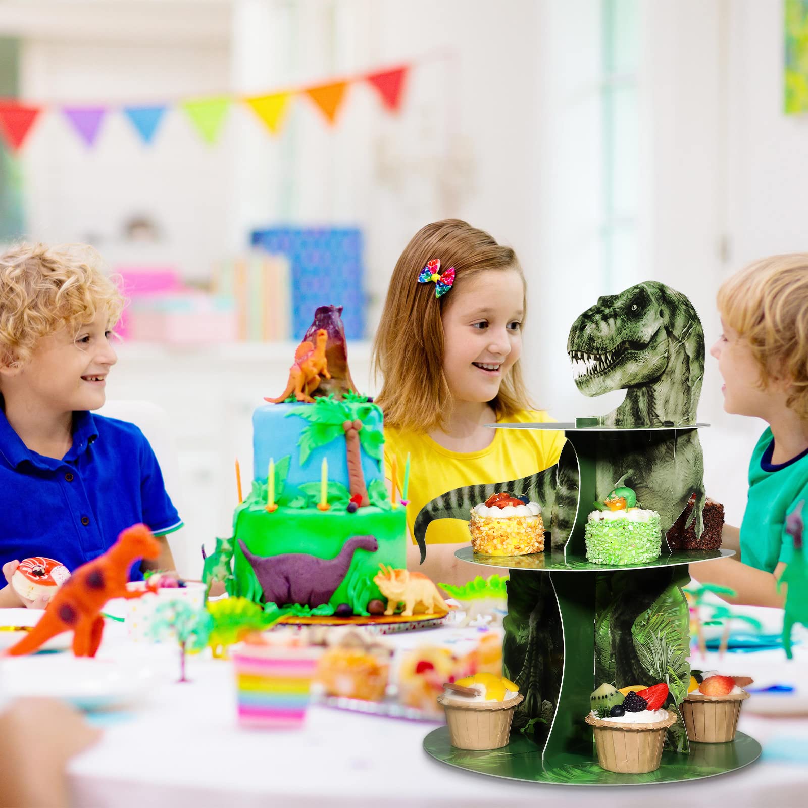 3 Tier Dinosaur Cupcake Stand Party Decorations Dinosaur Theme Cupcake Holder Decorations Dino Dessert Tower for Kids Dino Jungle Theme Party Birthday Supplies(Realistic)