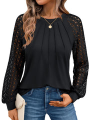 AUTOMET Womens Long Sleeve Shirts Lace Tops Business Casual Blouses 2025 Fall Fashion Teacher Outfits Trendy Clothes Knit T Y2k Ladies Dressy Work Professional Clothing Black M