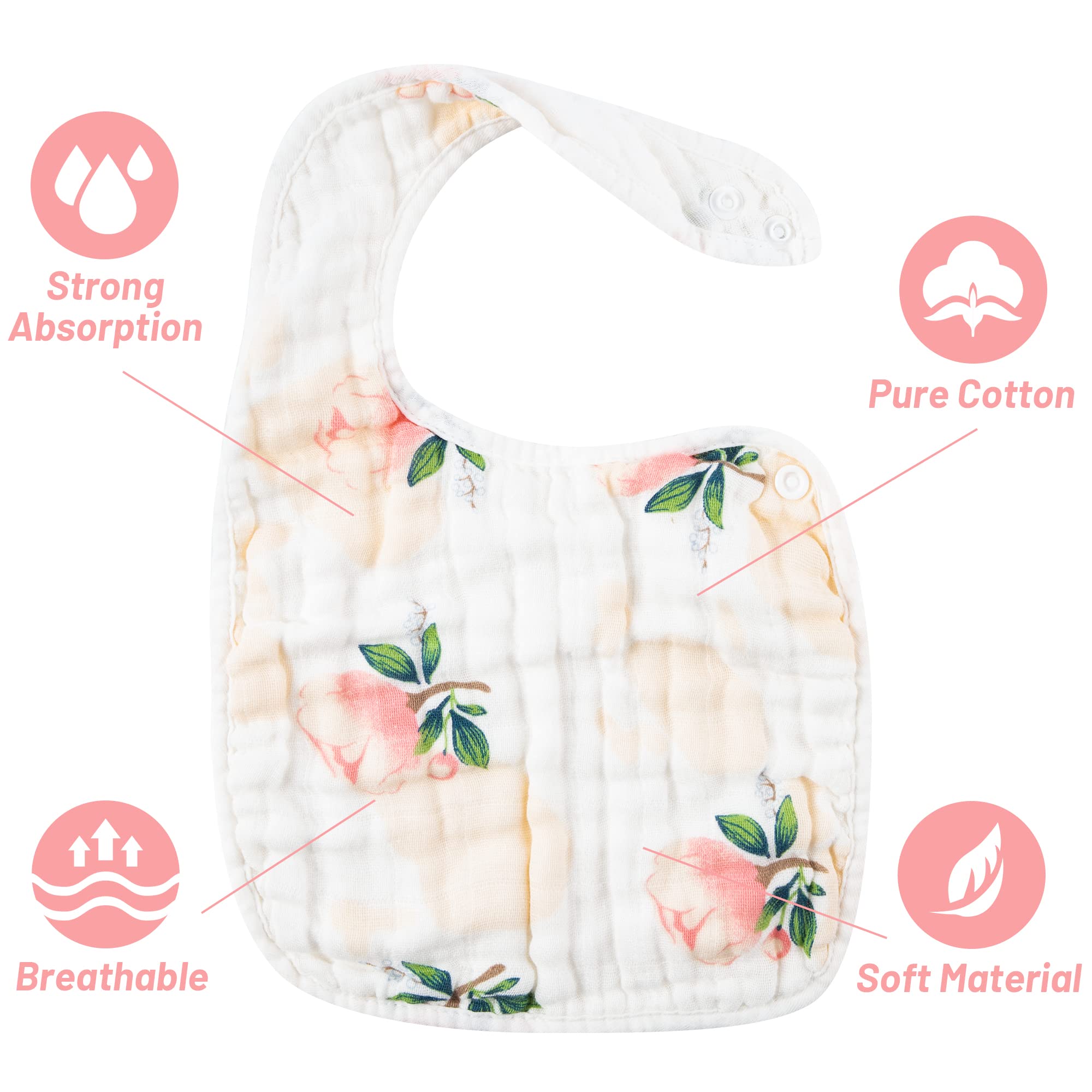 Zainpe 6Pcs Snap Muslin Cotton Bibs for Baby, Flamingo Star Flower Machine Washable Adjustable Burp Cloths with 6 Absorbent Soft Layers for Infant Newborn Toddler Drooling Feeding and Teething