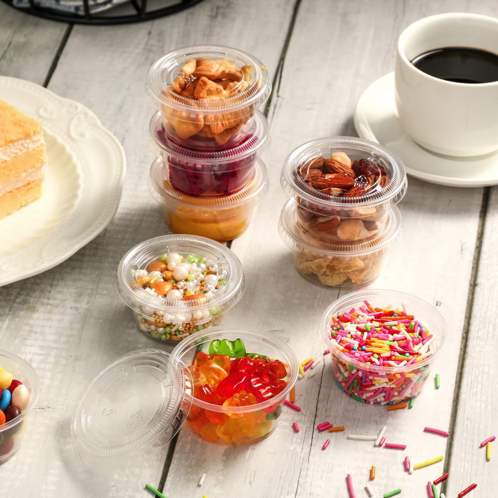 VITEVER 130 sets - 2 oz Jello Shot Cups, Small Plastic Containers with Lids, Airtight and Stackable Portion Cups, Salad Dressing Container, Dipping Sauce Cups, Condiment Cups